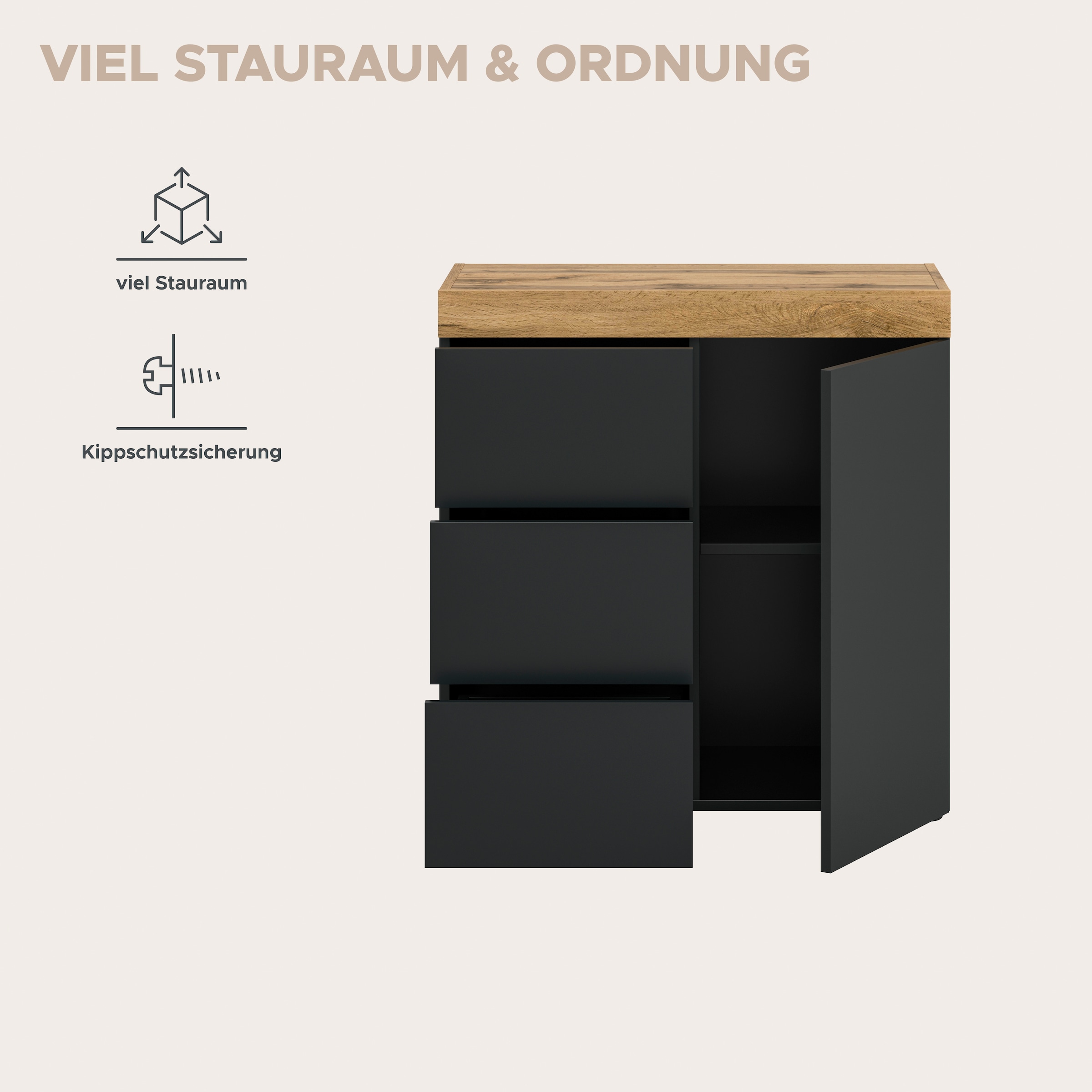 OTTO home Kommode »MAMBO, TOPSELLER!, Breite 77 cm, 1 Tür, 1 Einlegeboden, 3 Schubkästen« 1 Stk. tlg. Kommode, Anrichte, Wohnzimmer, Schlafzimmer