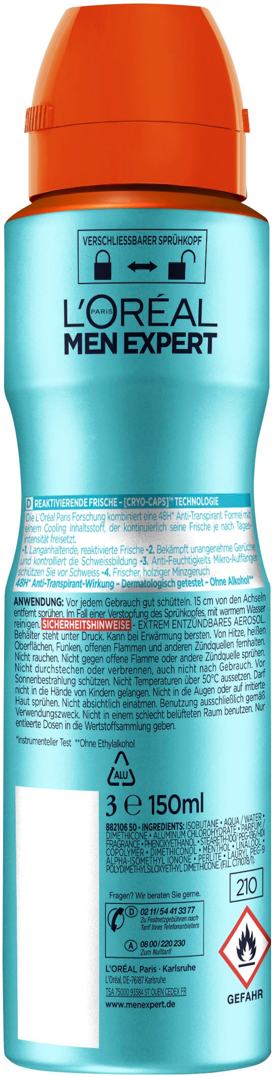 L'ORÉAL PARIS MEN EXPERT Deo-Spray »Deo Spray Cool Power 48h«, (Packung, 6 tlg.), mit hoher Zuverlässigkeit