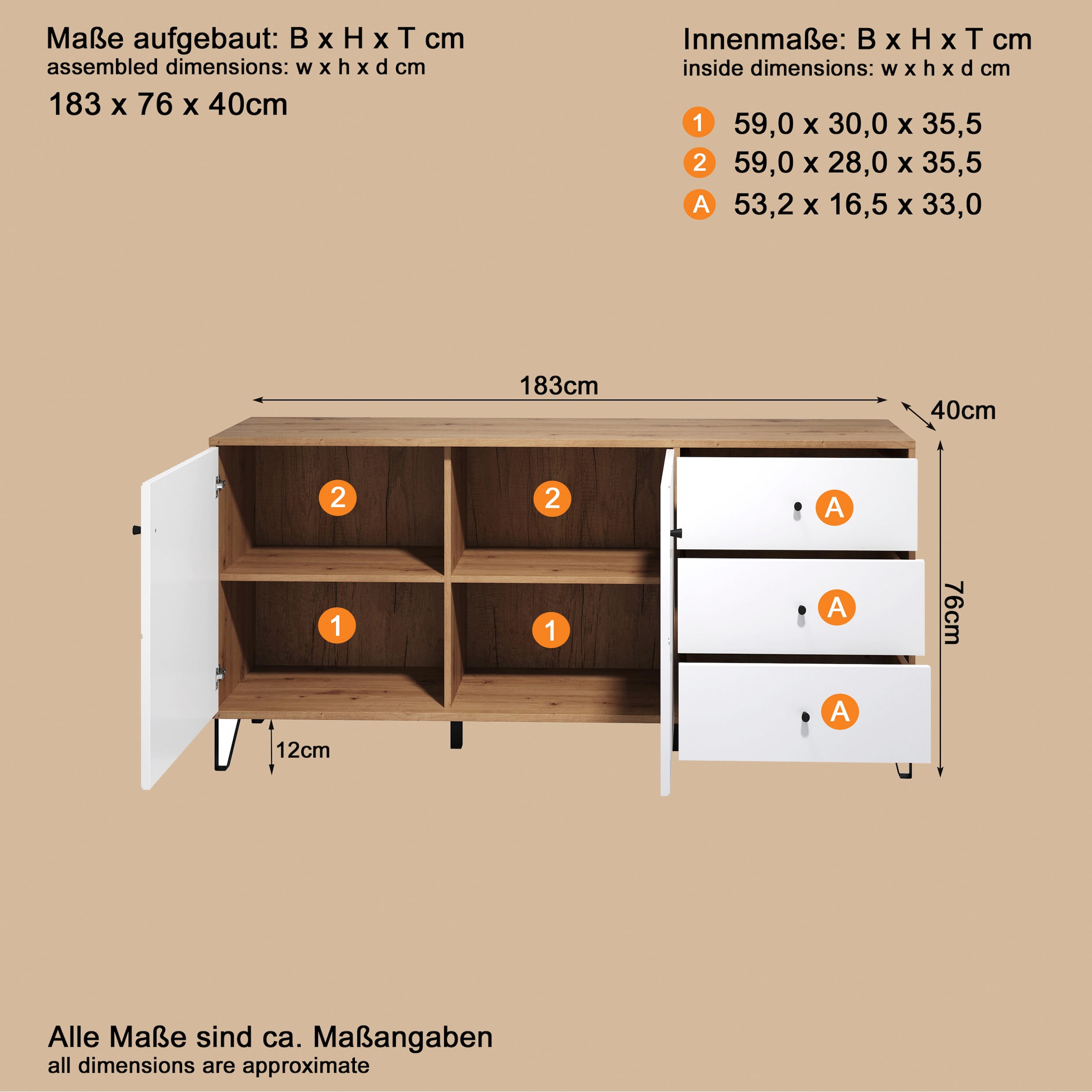 Places of Style Sideboard »Tarragona«, Sideboard, 2 Türen, 3 Schubkasten & Soft-Close - (B/T/H) 183/40/76 cm