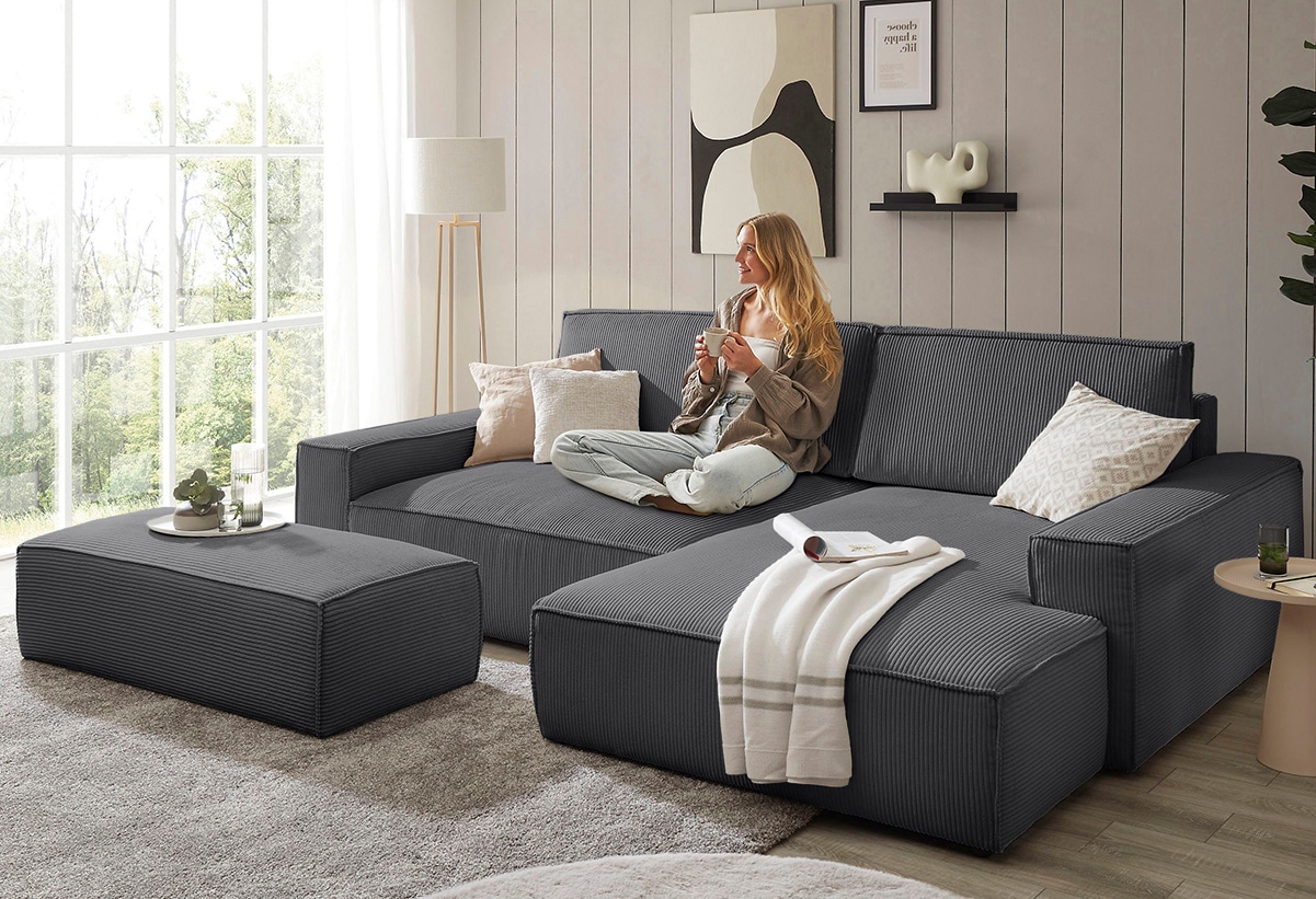 Home affaire Polsterecke »NEU: SHERWOOD XXL tief, L-Form mit Schlaffunktion, Big-Sofa mit Hocker« stellbar zum Schlafsofa (Krokodilverbinder), Cord, Leinenoptik,