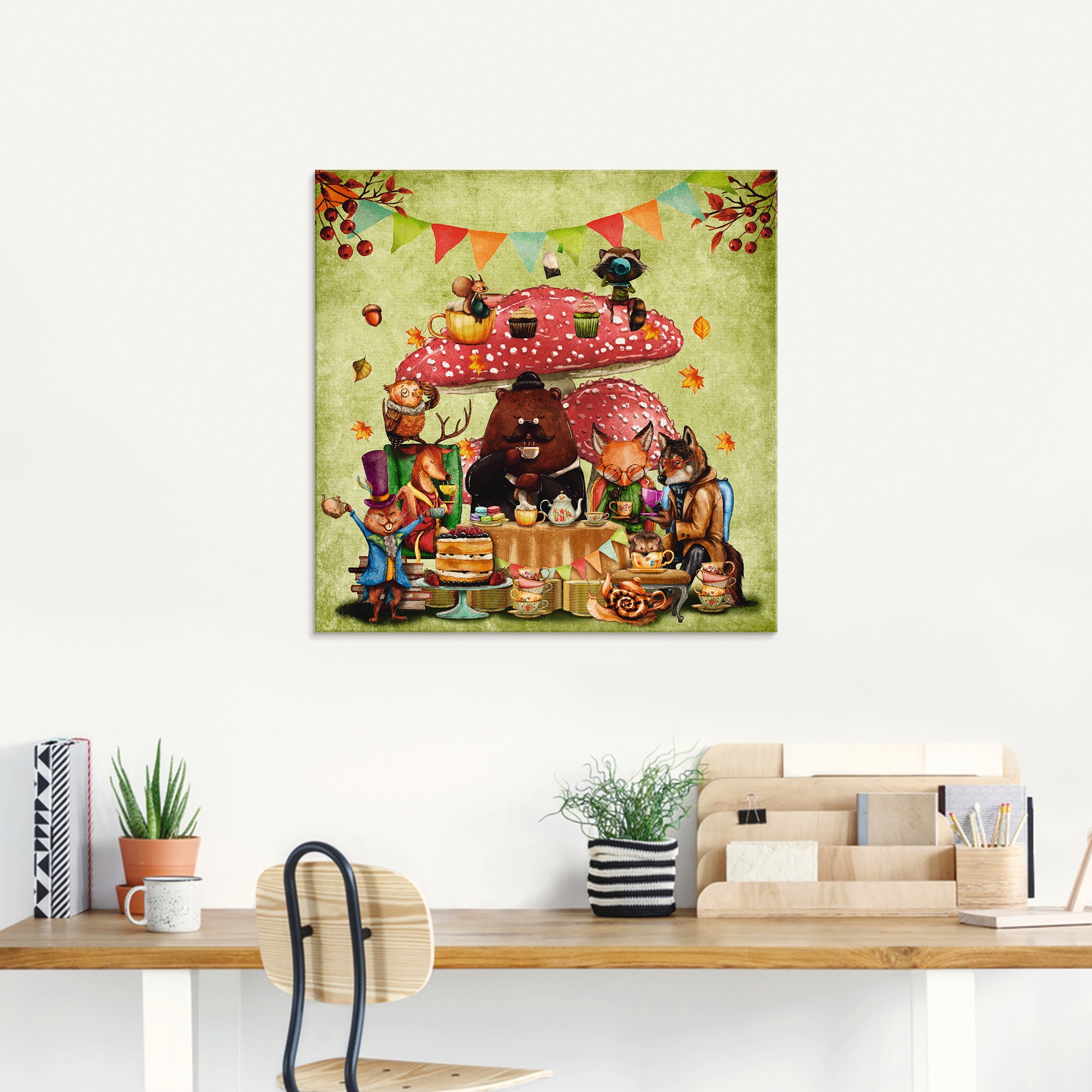 Artland Glasbild »Wald Freunde Fliegenpilz Teetrinken«, Animal Fantasy, (1 St.), in verschiedenen Größen