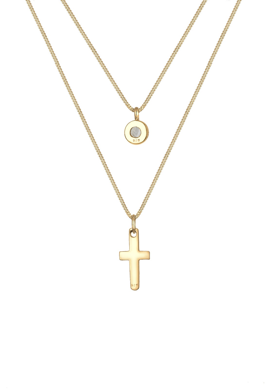 Elli Silberkette »Halskette Layerkette Kreuz Mondstein Weiß 925 Sterling Silber vergoldet«