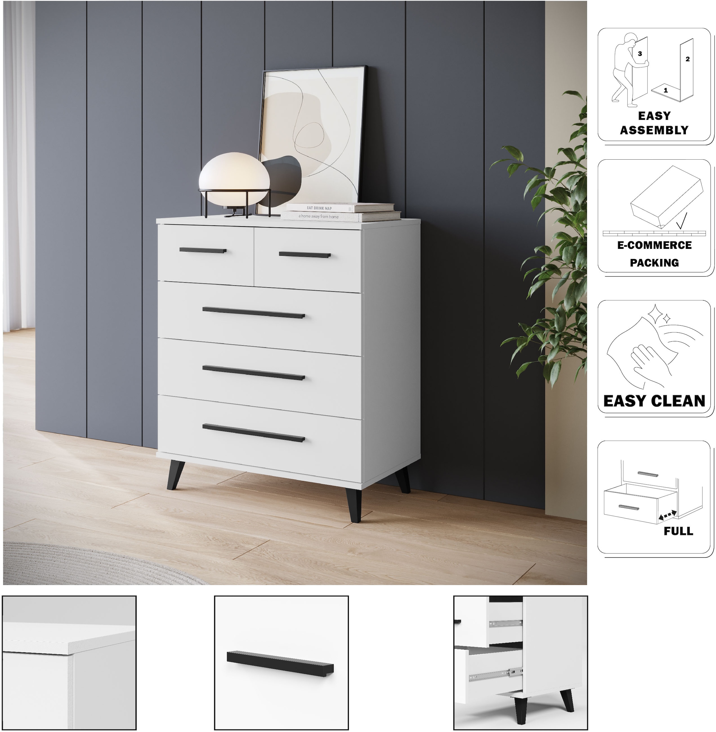 INOSIGN Sideboard »Lagos, Kommode, 5 Schubladen, schwarze Griffe & Füße«, (Wäscheschrank Bestseller in Top Qualität), modernes Design, B/T/H je 70/39,5/82,5 cm, pflegeleichte Oberfläche