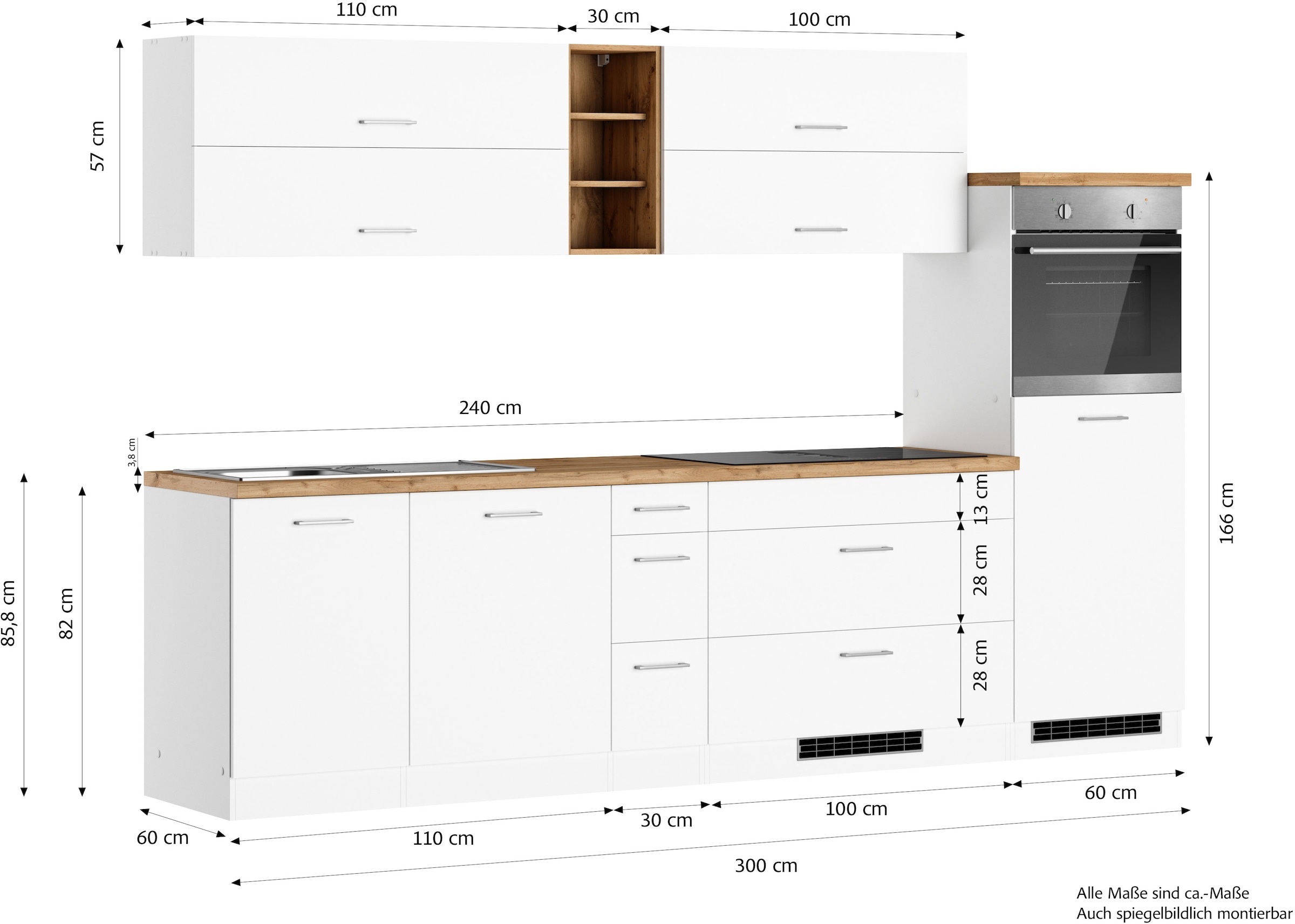 KOCHSTATION Küchenzeile »KS-Milan, optional mit Muldenlüfter« Breite 300 cm, wahlweise mit E-Geräten, Kochfeld mit Dunstabzug