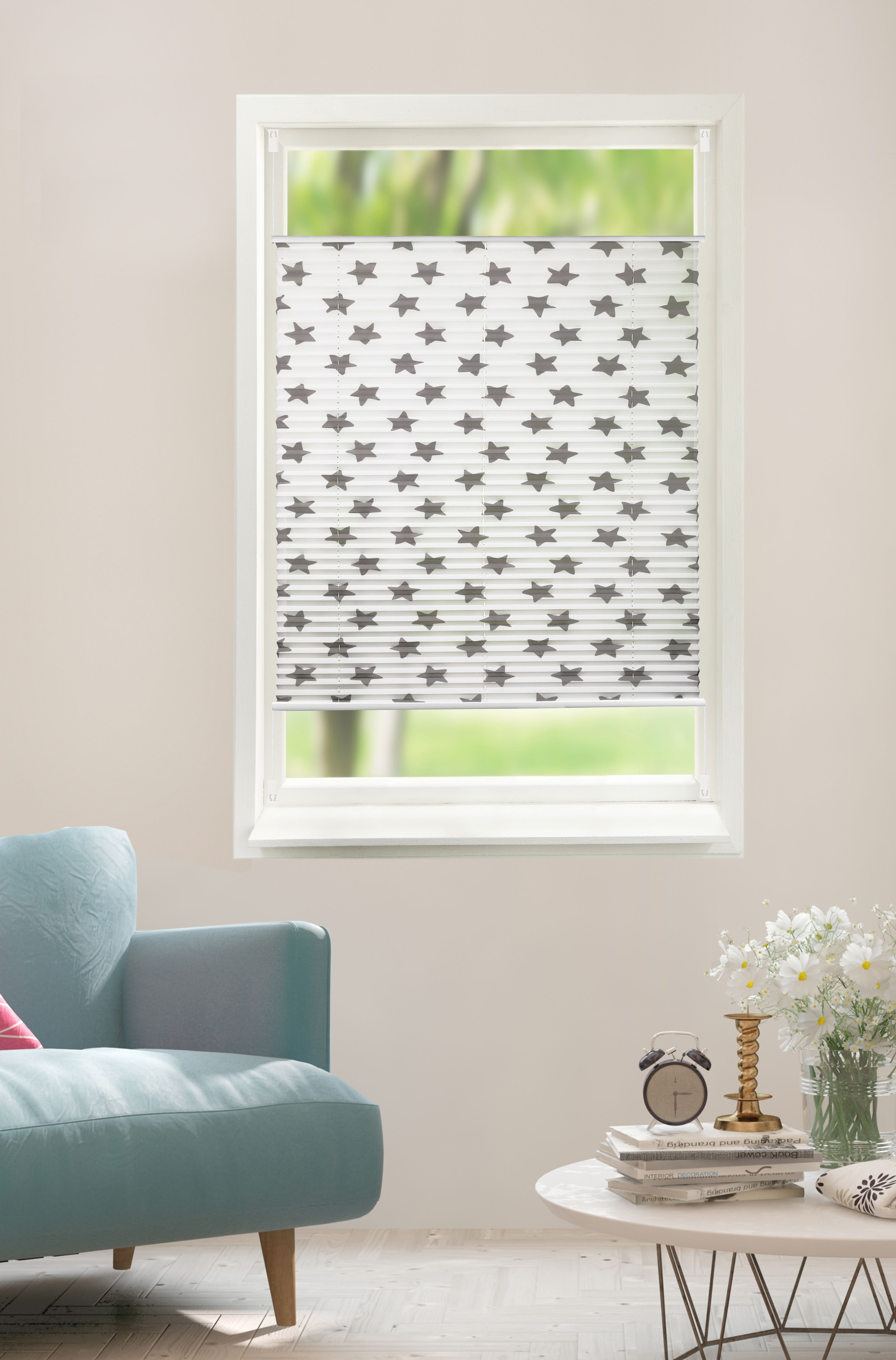 Lüttenhütt Plissee »Stern« Lichtschutz ohne Bohren verspannt im Fixmaß, mit Sternen bedruckt in grau