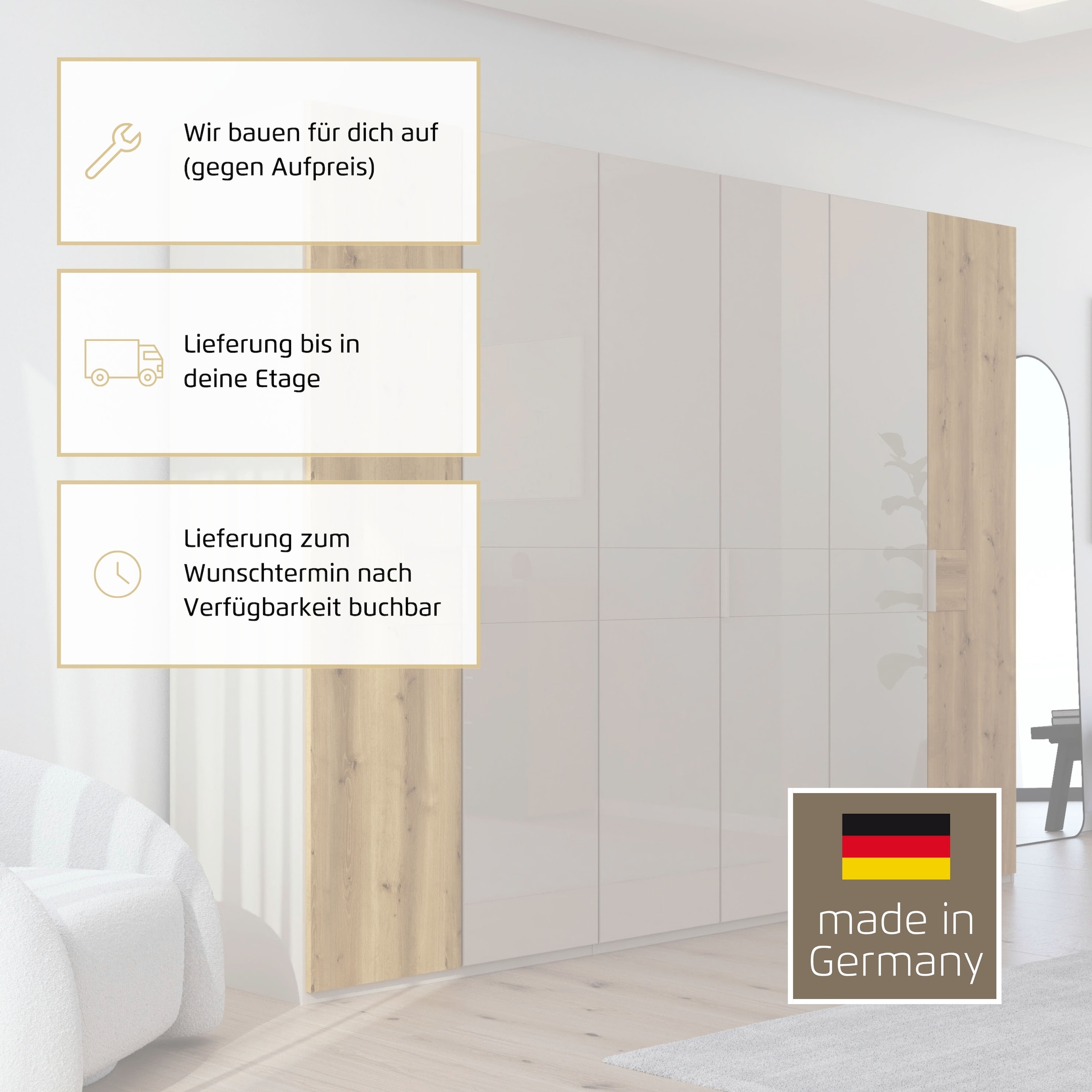 rauch Kleiderschrank »Drehtürenschrank Schrank Garderobe Wäscheschrank KONA« Breiten 251/301 cm, Höhe 223 cm, Tiefe 61 cm,  Glasauflage, Massivholz-Absetzung, SOFT-CLOSE-FUNKTION MADE IN GERMANY