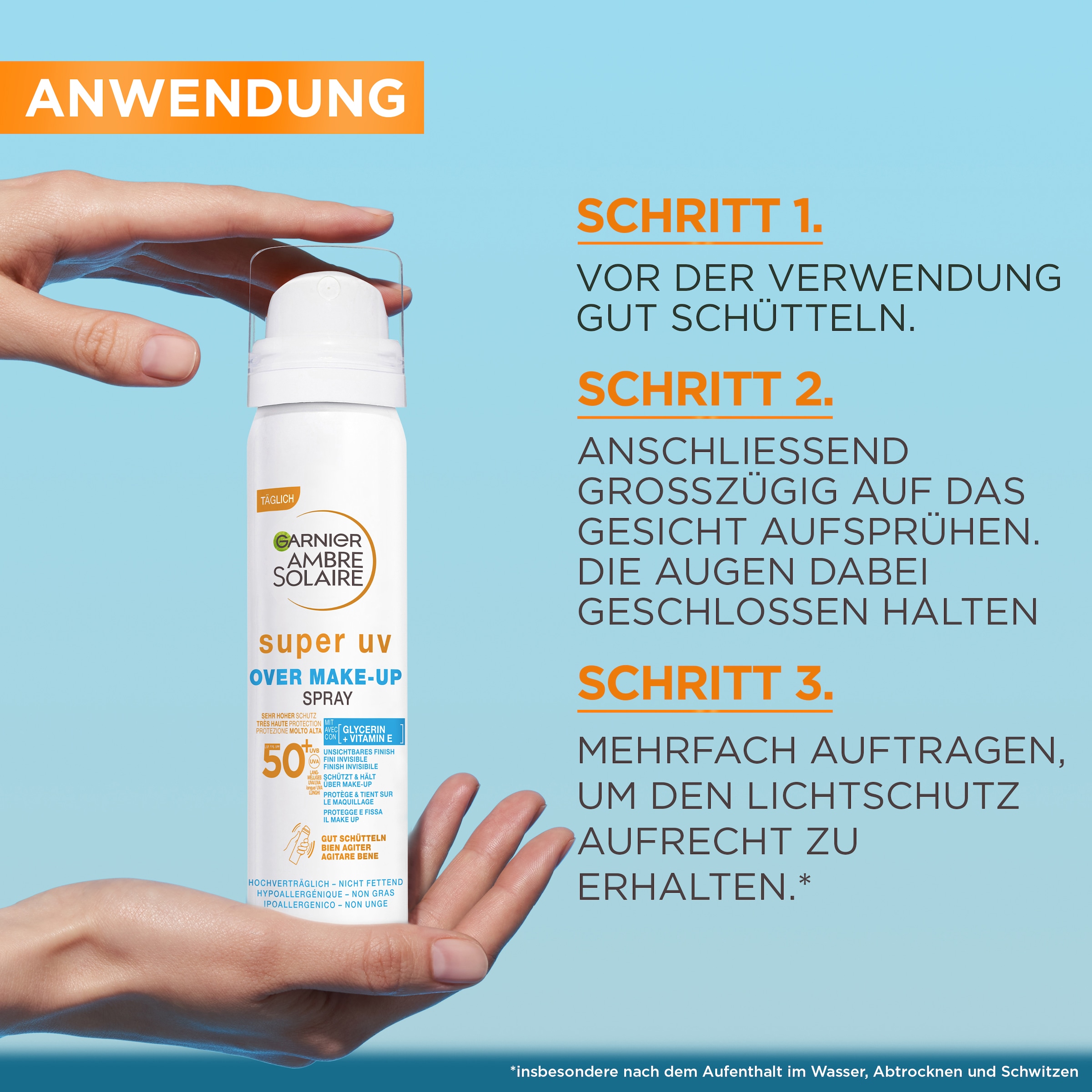 GARNIER After Sun-Spray »Garnier Ambre Solaire Super UV Over Make-up Spray«, LSF 50, zieht schnell ein ohne zu fetten, spendet Feuchtigkeit.