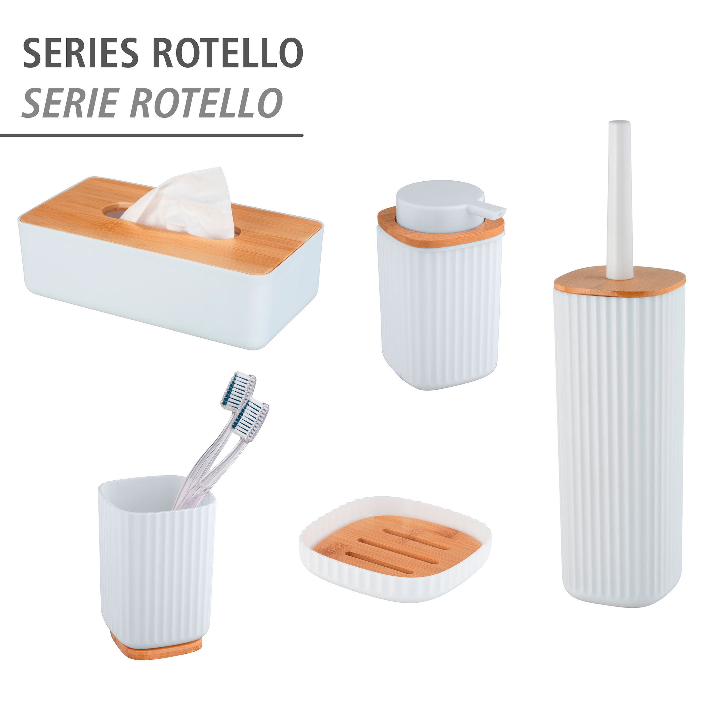 WENKO WC-Garnitur »Rotello«, aus Kunststoff-Bambus, weiß, mit geschlosssener Form