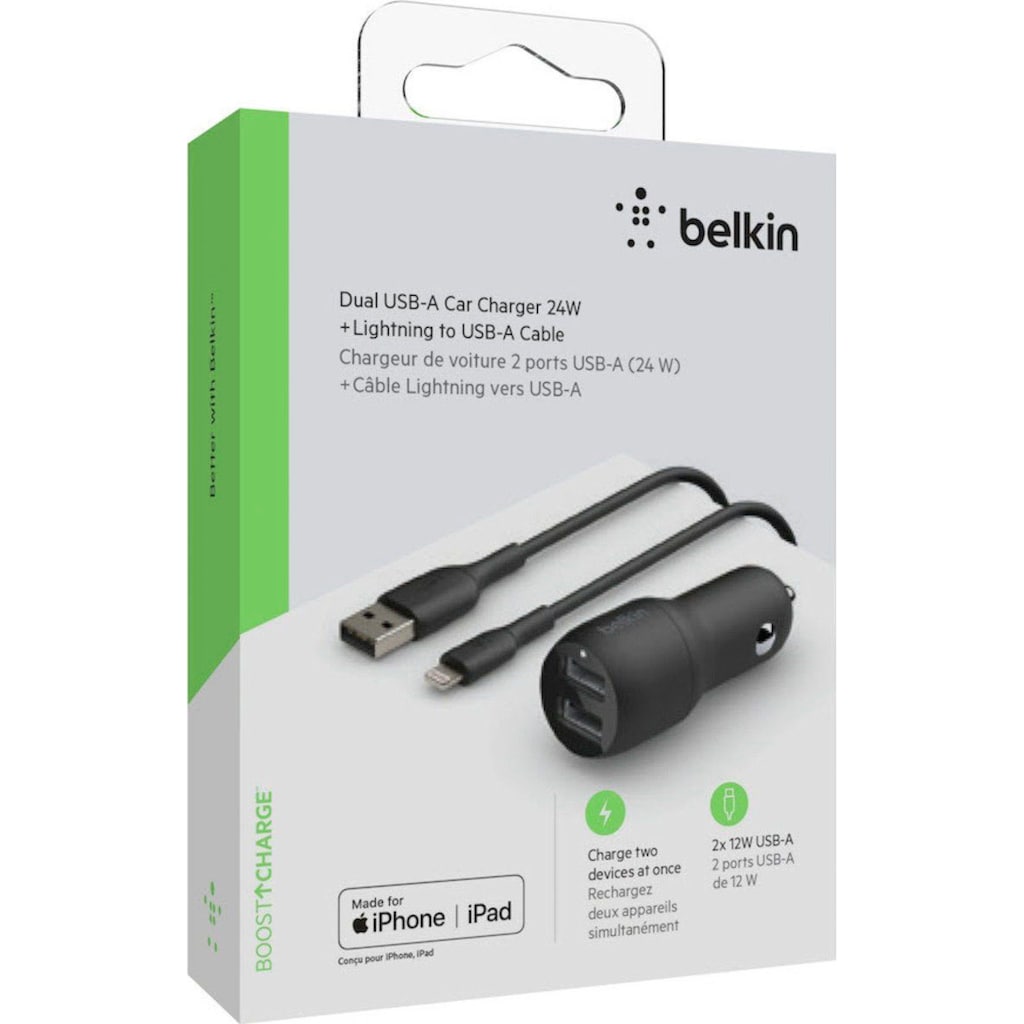 Belkin USB-Ladegerät »Dual USB-A Kfz-Ladegerät inkl. Lightning Kabel 1m 24W«