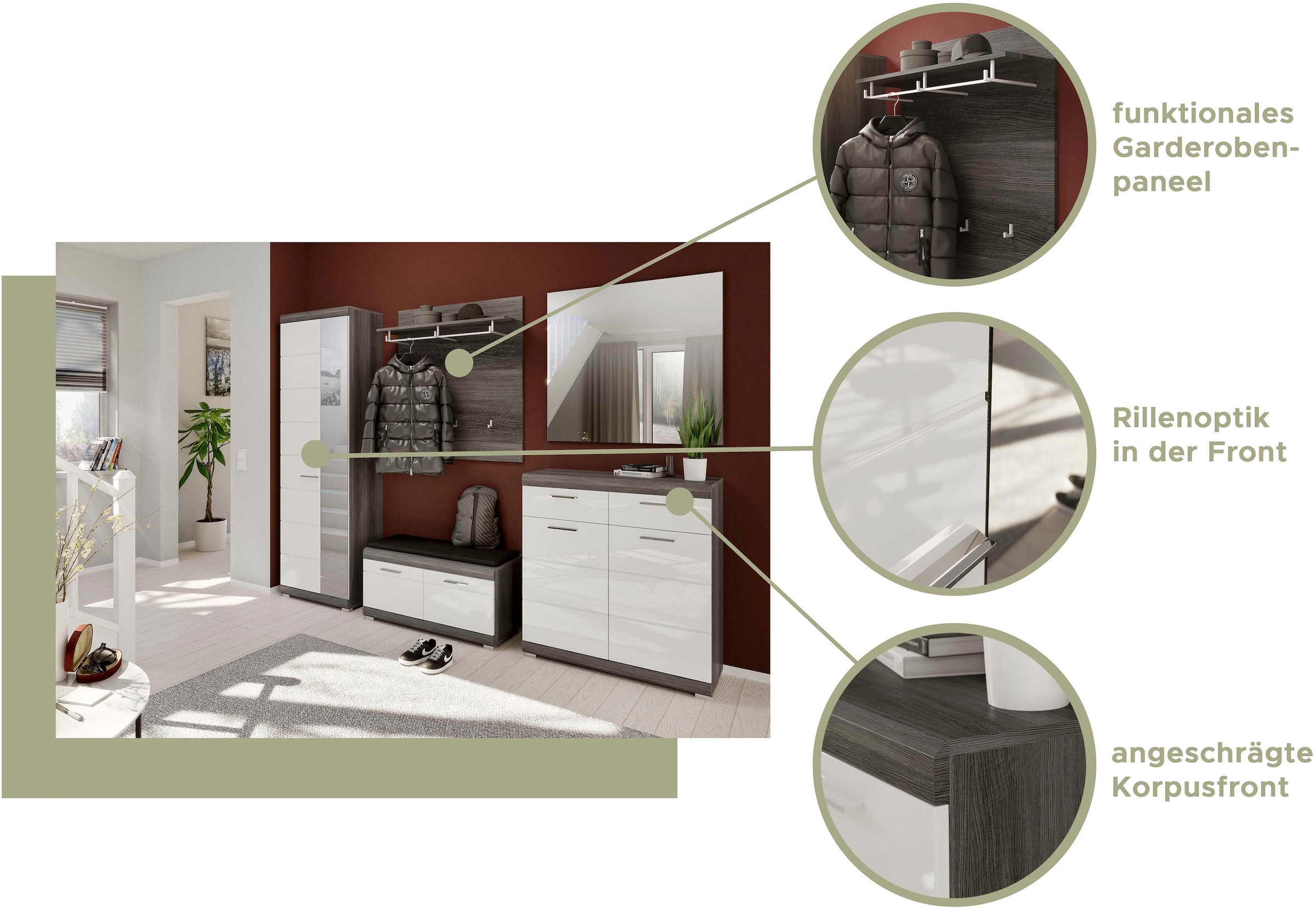 INOSIGN Garderobenschrank »Siena, Höhe 197cm, 2 Türen, 4 Einlegeböden, ausziehbare Kleiderstange«, Front-Rillenfräsung, Stauraumschrank, Flurschrank, Dielenschrank