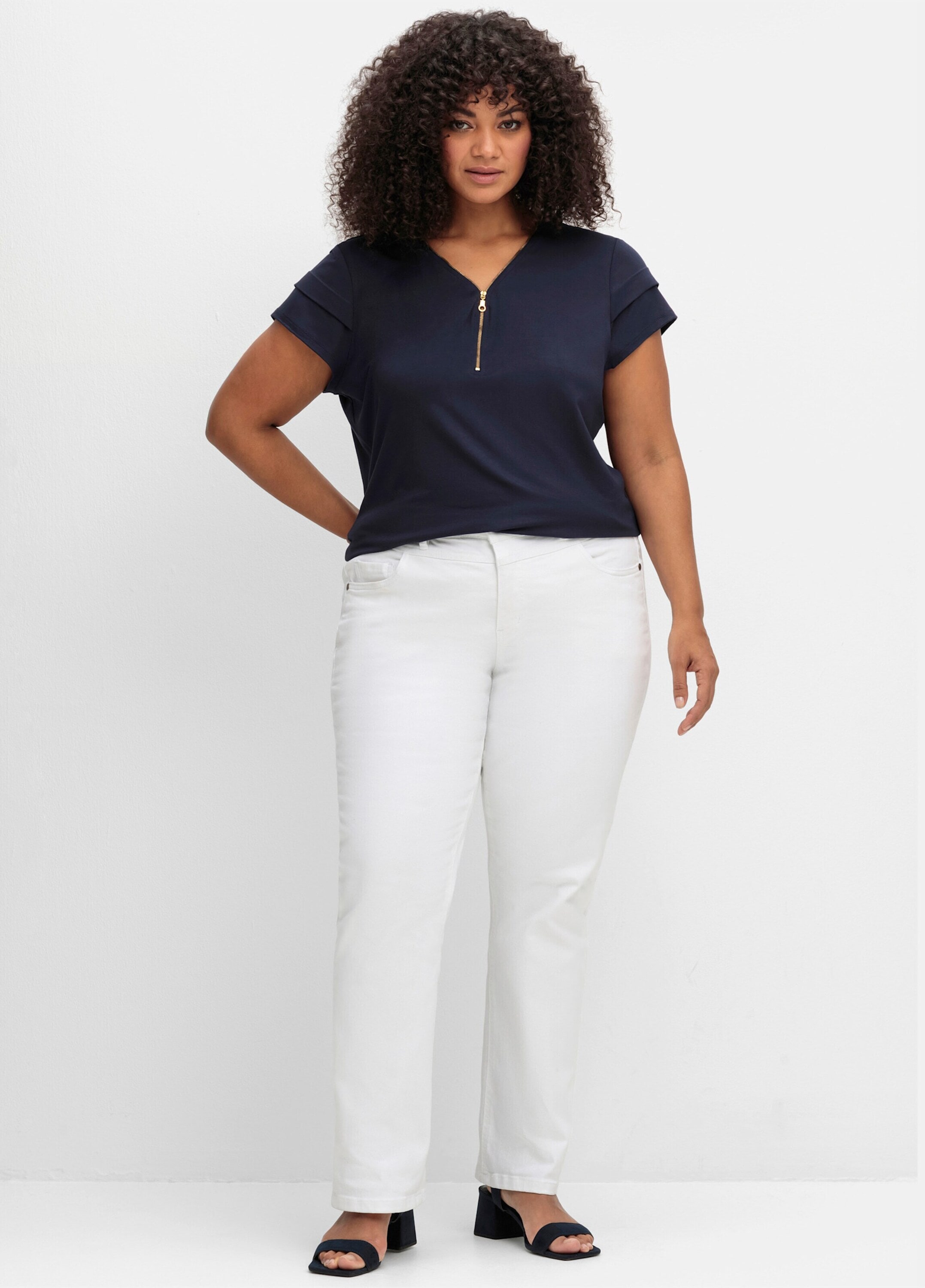 sheego by Joe Browns T-Shirt »Shirt Kurzarmshirt mit goldfarbenem Zipper«