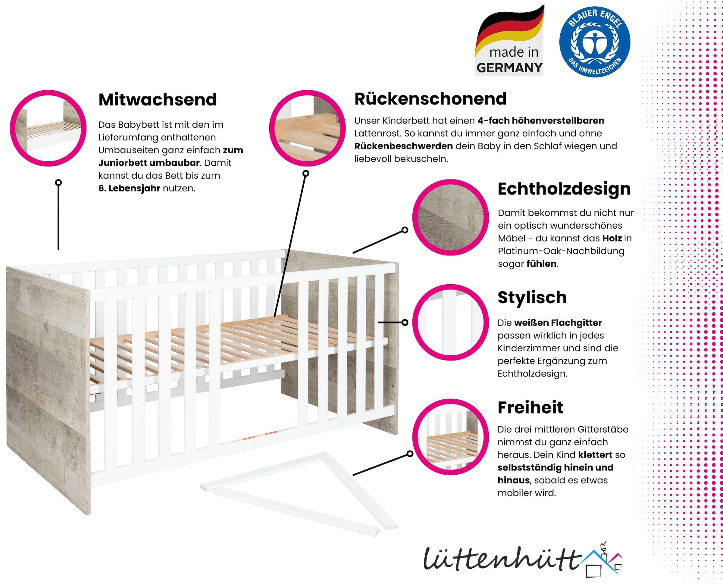 Lüttenhütt Babyzimmer-Komplettset »Henning«, (Set, 5 tlg., inkl. Lattenrost), Kleiderschrank, Kinderbett, Wickelkommode, Seiten und Wickelkomm-Regal