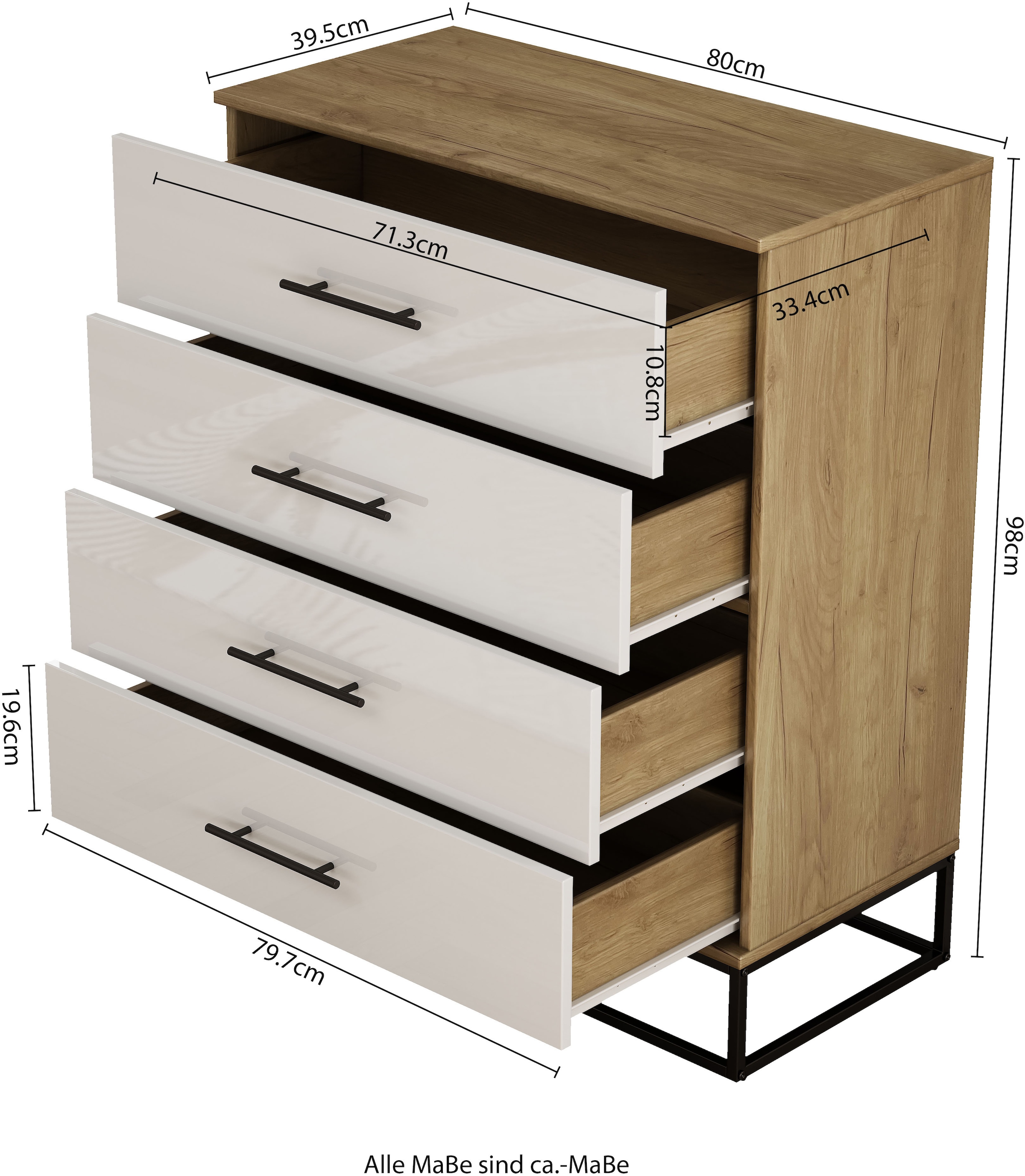 OTTO home Schubkastenkommode »Lucca Sideboard mit schwarzen Griffen 4 Schubladen Kufengestell« Hochwertige Hochglanzfronten in weiß,  Kommode Wäscheschrank im Loft Design mit 4 Schubladen