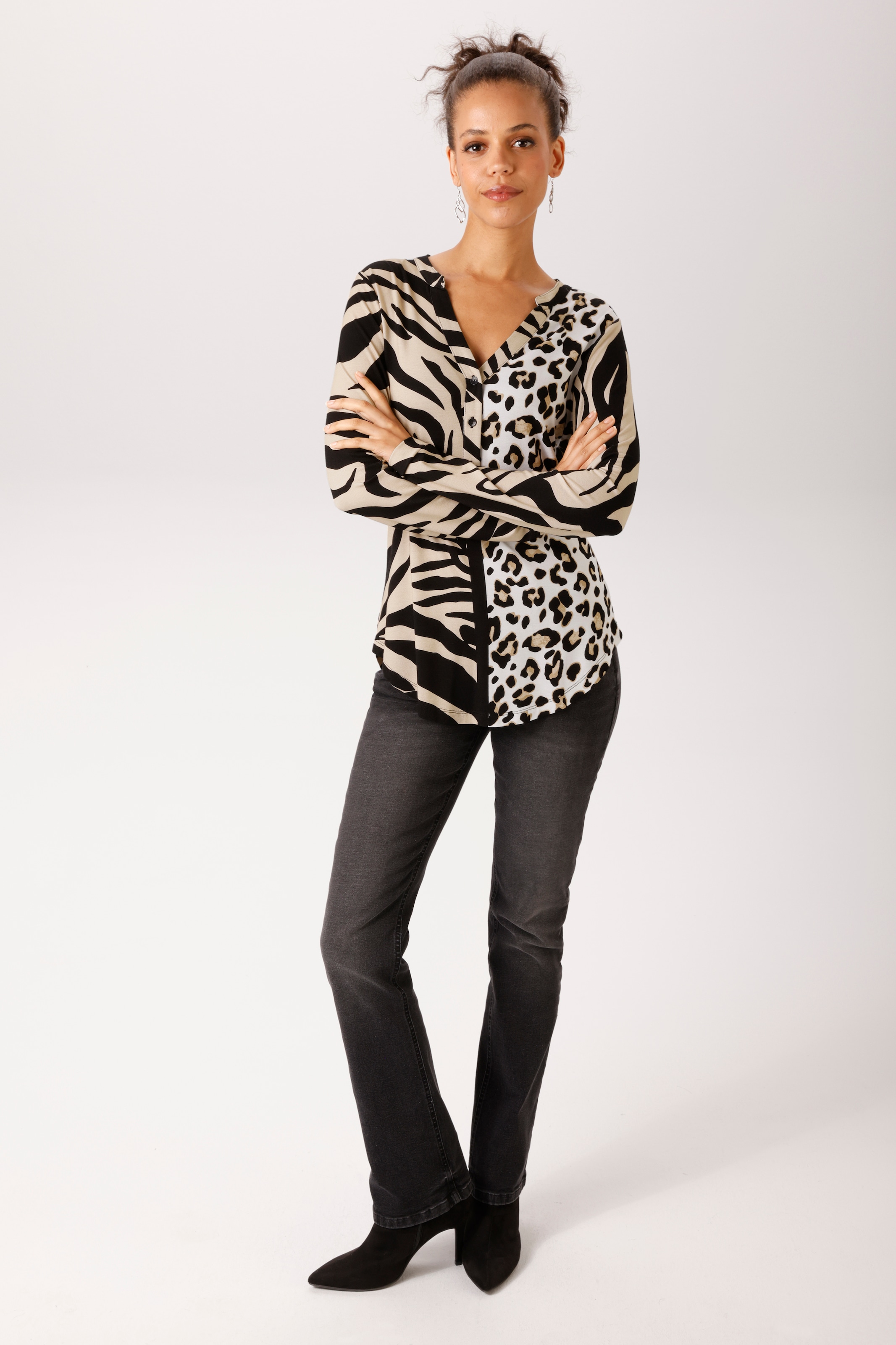 Aniston CASUAL Schlupfbluse im Zebra-Dessin mit Leo-Einsatz - NEUE KOLLEKTION