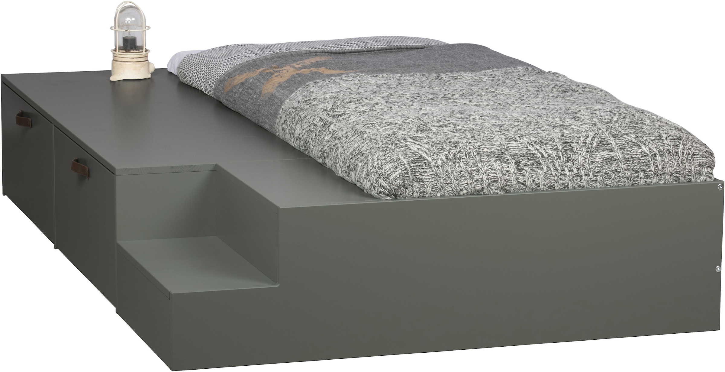 WOOOD Stauraumbett »Stage Massivholz FSC®-Kiefernholz mit Trittstufen 204 x 131 x 35 cm« Rollauszüge mit Ledergriff, breite Holzkante, Matratzenmaß 80x200 cm