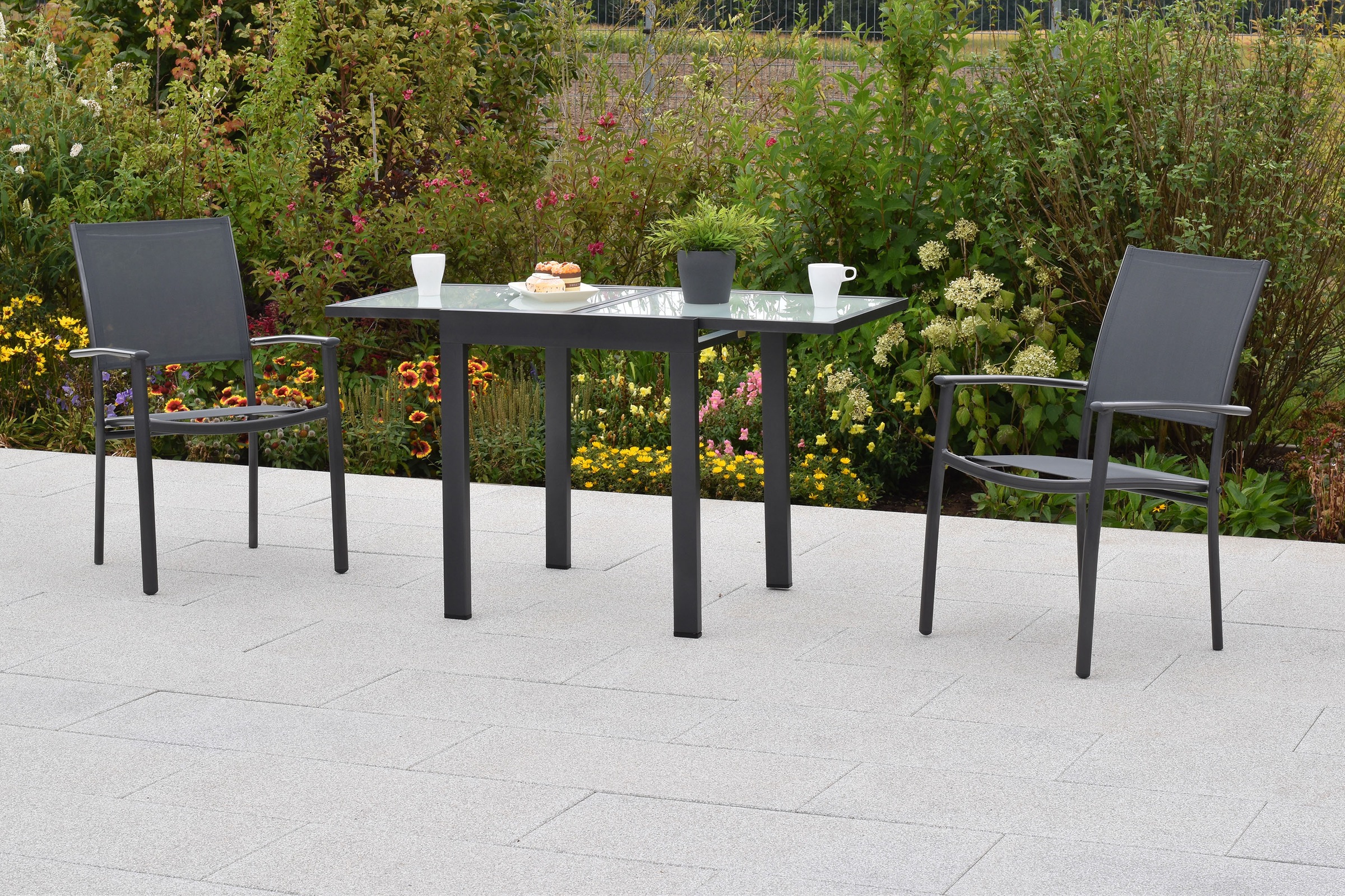 MERXX Balkonset »»Milano«« Set, 3 Stk. tlg. Sessel stapelbar, matte Glasplatte