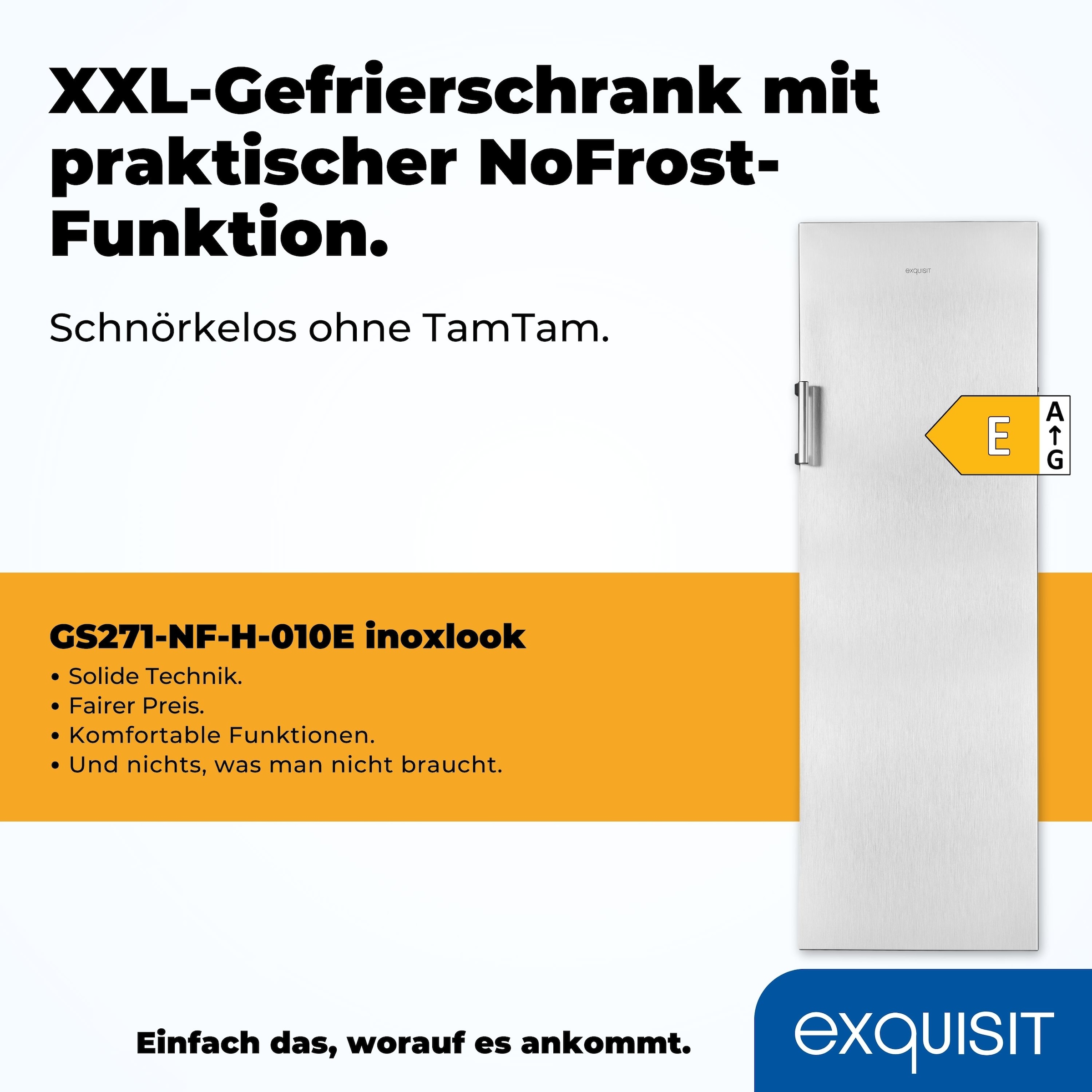 exquisit Gefrierschrank »GS271-NF-H-010E inoxlook«, 169,1 cm hoch, 55,9 cm breit, 194 L Volumen, NoFrost, Schnellgefrieren, 4 Sterne