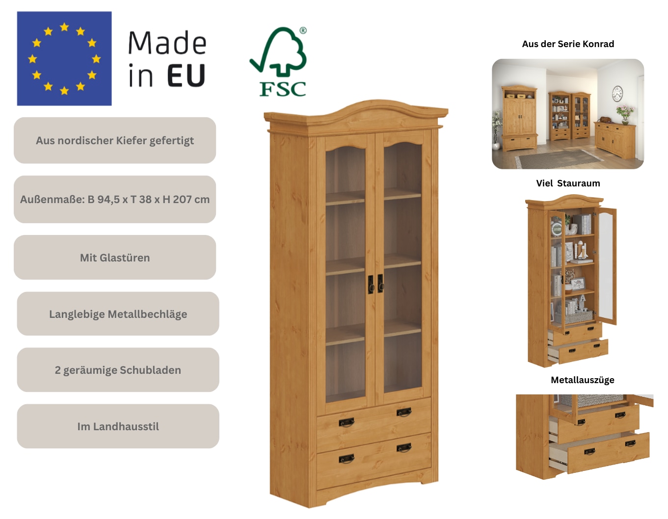Home affaire Vitrine »Konrad« aus massiver Kiefer, mit Glaseinsätzen, B/T: 94/208 cm