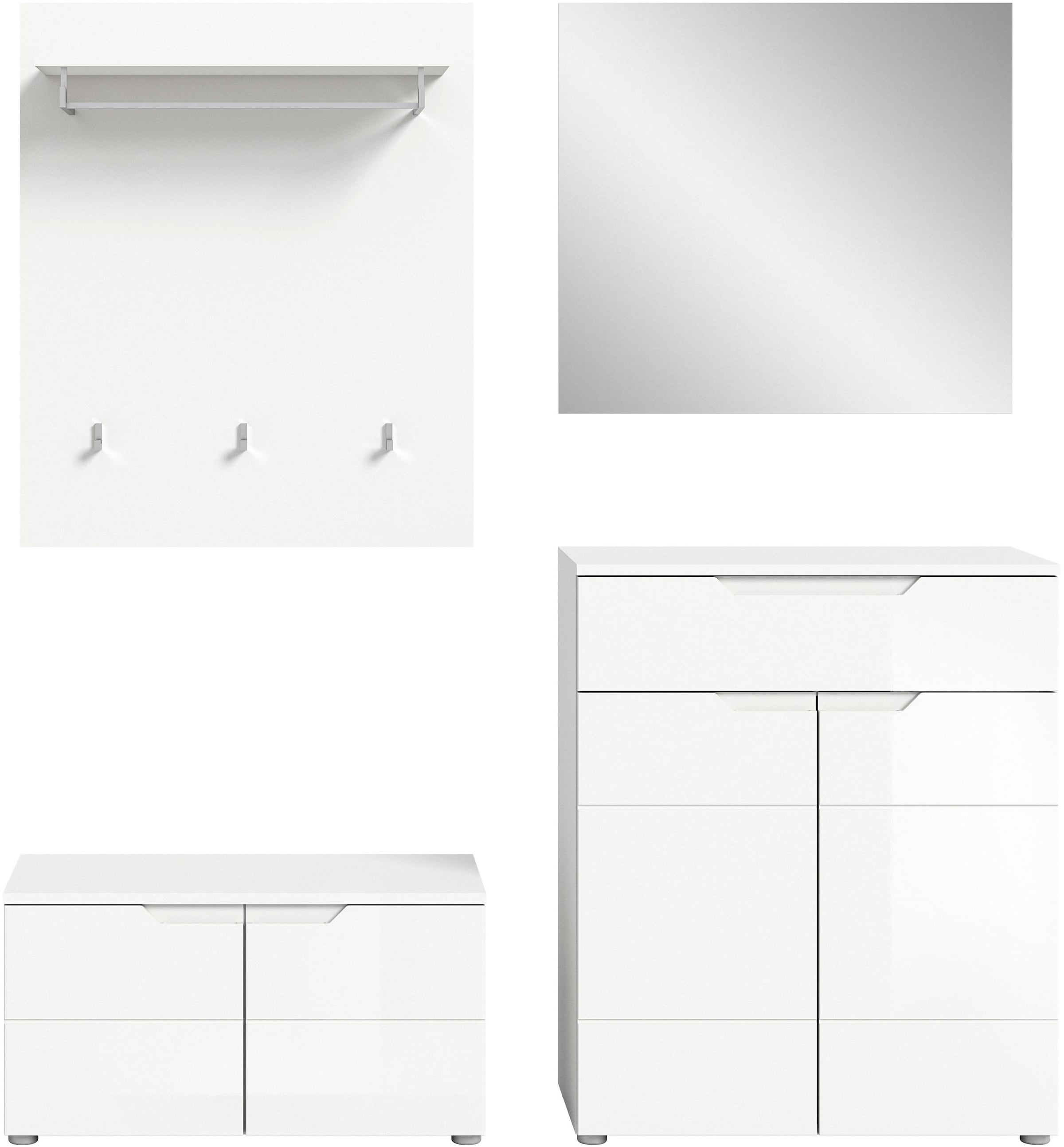 INOSIGN Garderoben-Set »CAPRI, 4-teilig, mit eingefasster Griffmulde, bestehend aus:«, (4 St.), Sitzbank, Garderobenpaneel, Schuhkommode und Garderobenspiegel