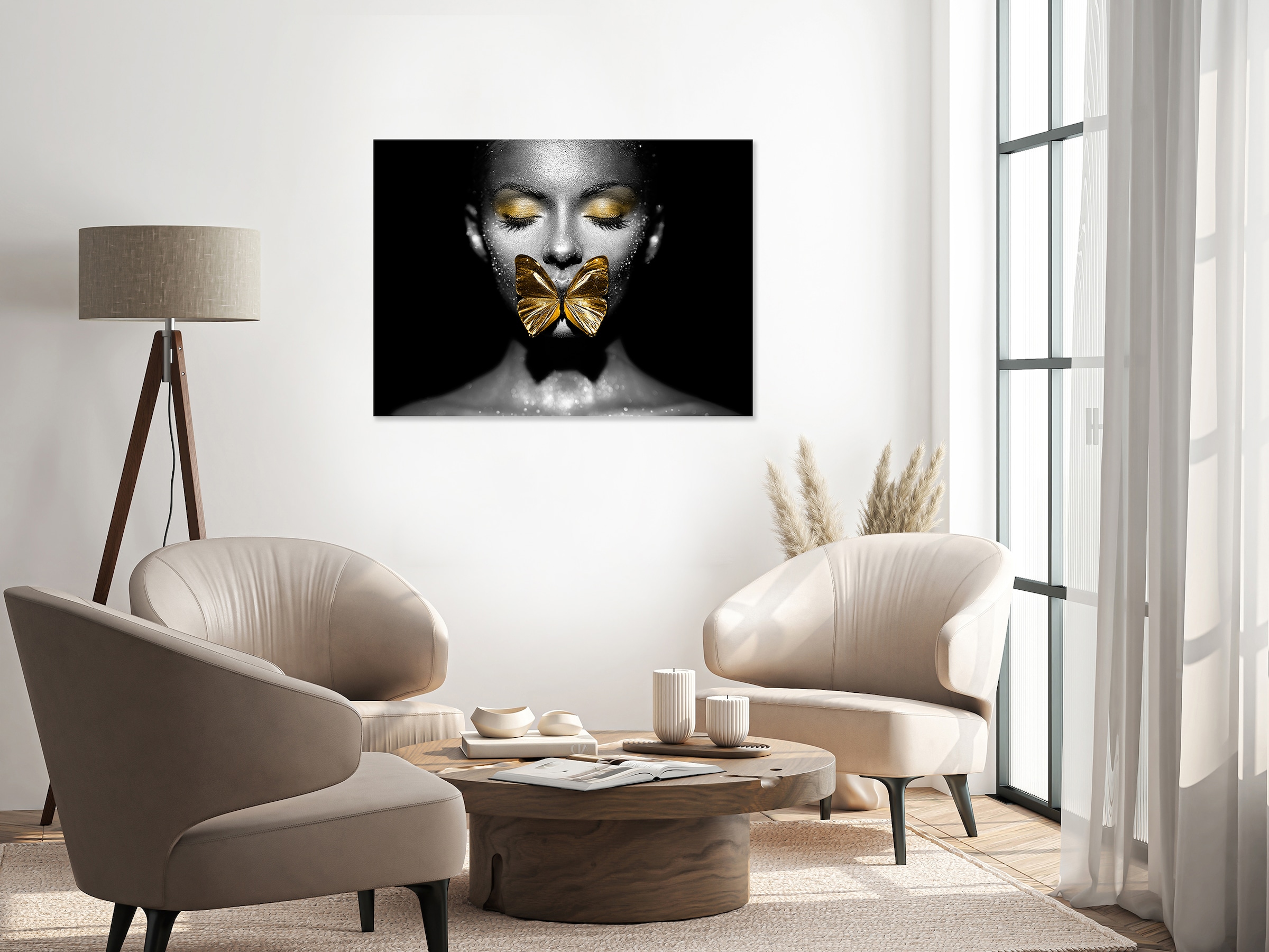 queence Acrylglasbild »Wandbild, Goldbild, Bild Frau mit Schmetterling vor dem Mund« Abstrakte | Fantasy | Kunst Handveredelt mit Blattgold für eine edle und zeitlose Optik.
