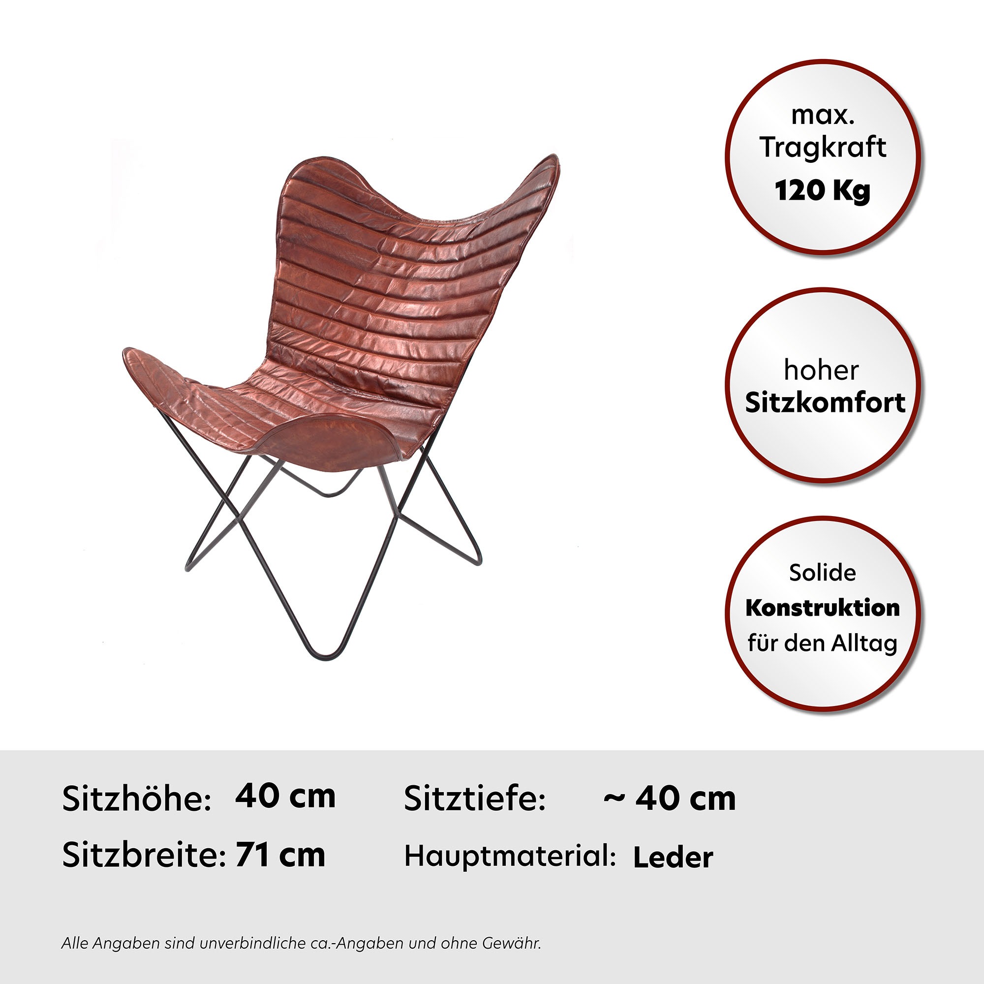 Kayoom 4-Fußstuhl »Schmetterling Stuhl Santiago, Schmetterlingsstuhl aus Leder«, 1 St., pflegeleicht, hochwertig, hochwertig verarbeitet, hoher Sitzkomfort