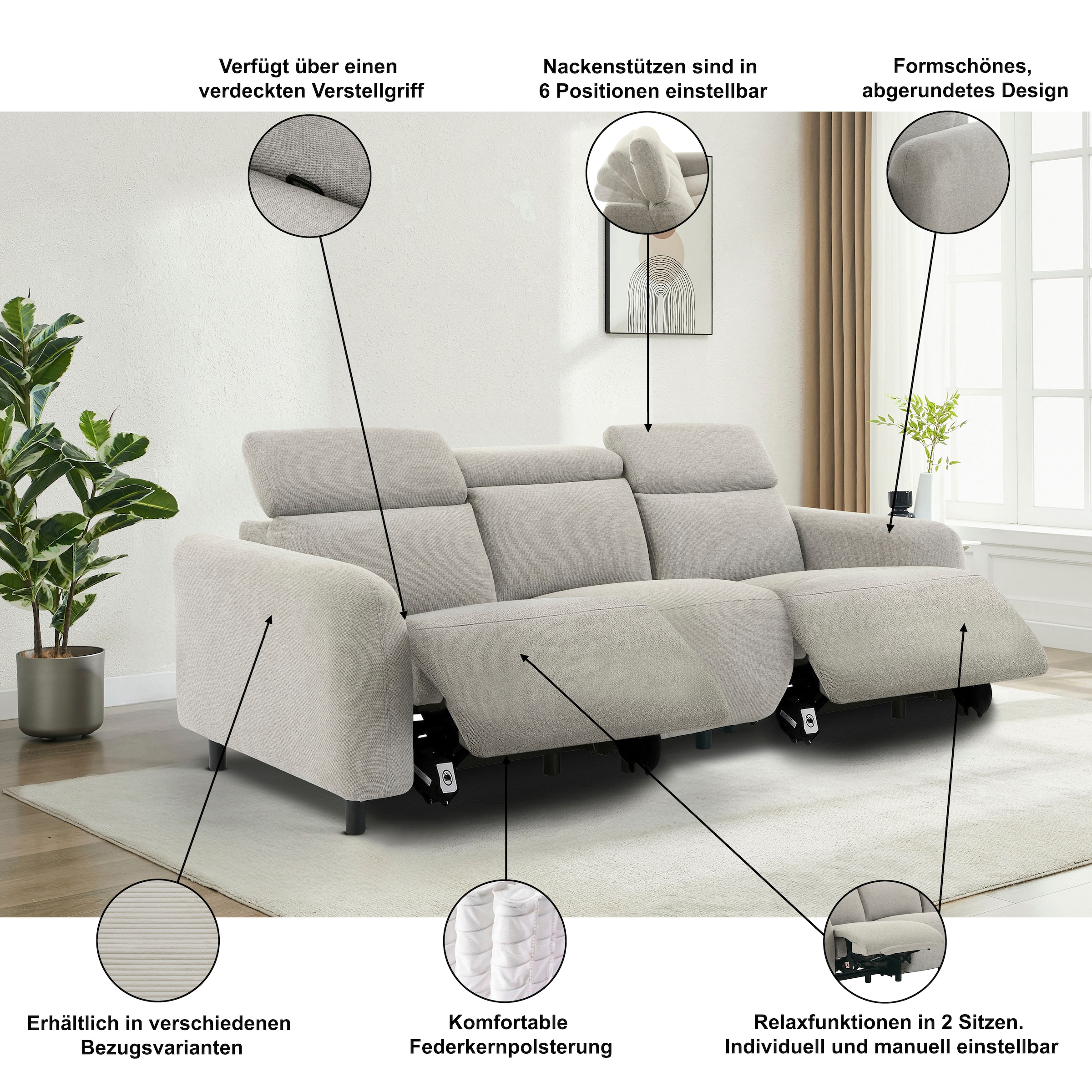 Home affaire 3-Sitzer »SKAANE in Cord, Sofa mit manueller u. elektrischer Relaxfunktion« Relax-Funktion in 2 Sitzen, Kopfteilverstellung, Federkernpolsterung