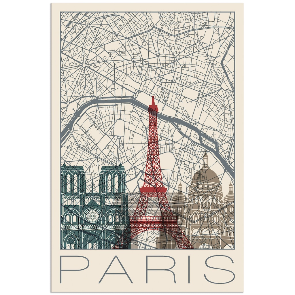 Artland Wandbild »Retro Karte Paris Frankreich und Skyline«, Frankreich, (1 St.)