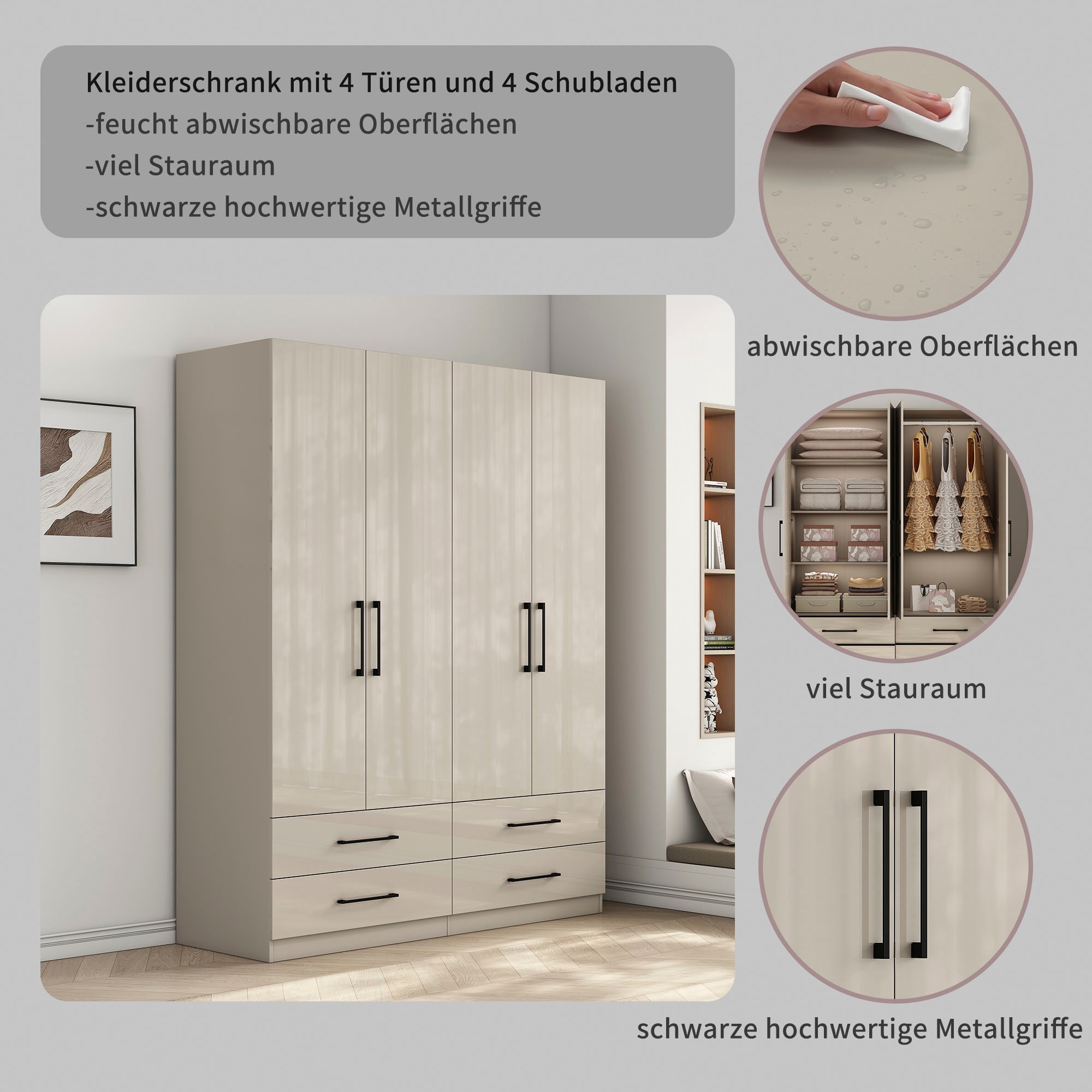 OTTO home Kleiderschrank »Sylt Schlafzimmerschrank Garderobe Schrank hochglanz« Drehtürenschrank mit 4 Schubladen und 4 Türen,  Schrank in Breite 160 mit viel Stauraum