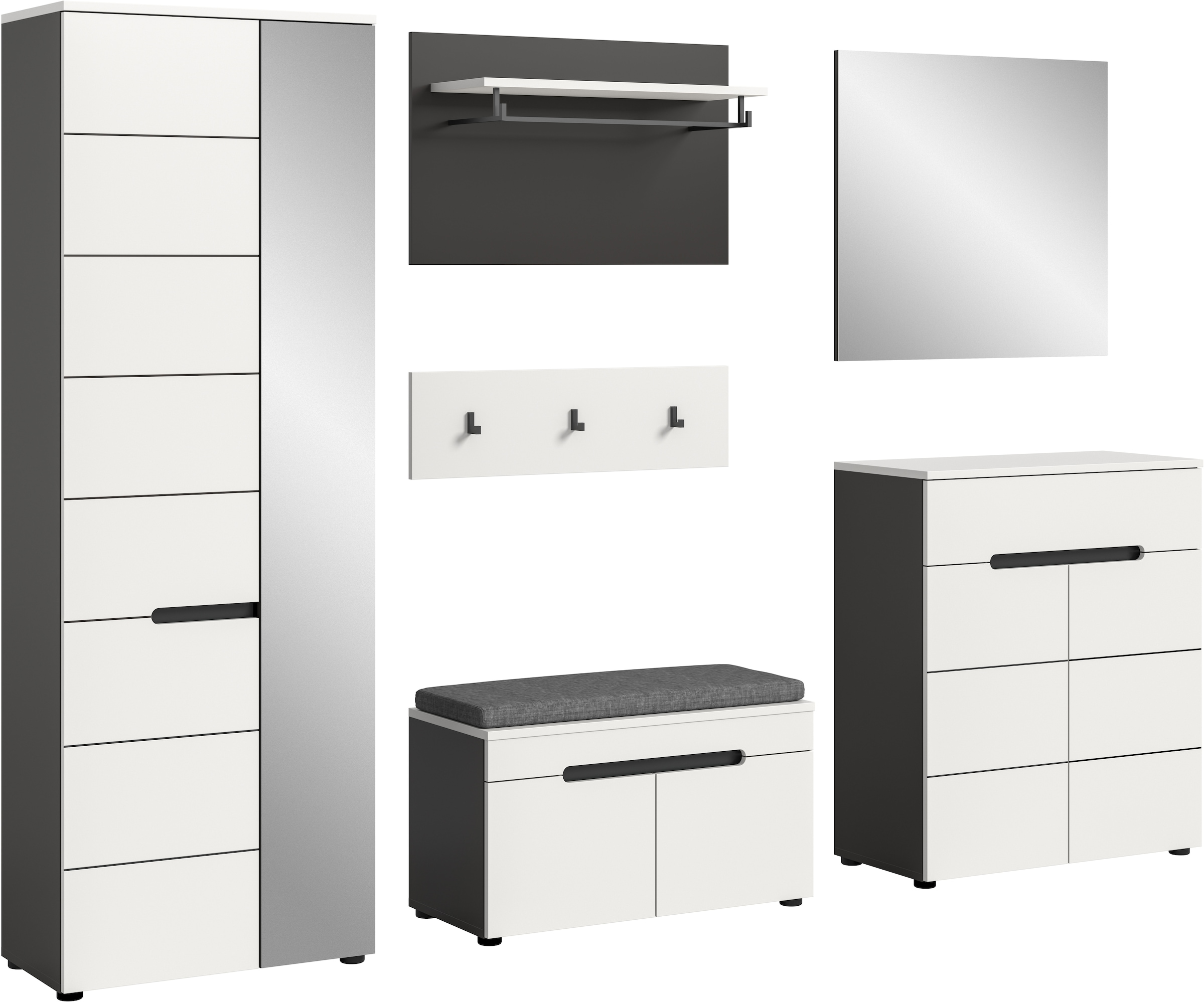 INOSIGN Garderoben-Set »REHAT, TOPSELLER!, 6-teilig, Breite 255 cm, individuell erweiterbar« Set, Schrank, Sitzbank, Sitzkissen, Paneel, Hakenleiste, Spiegel, Kommode, 6 Stk. tlg.