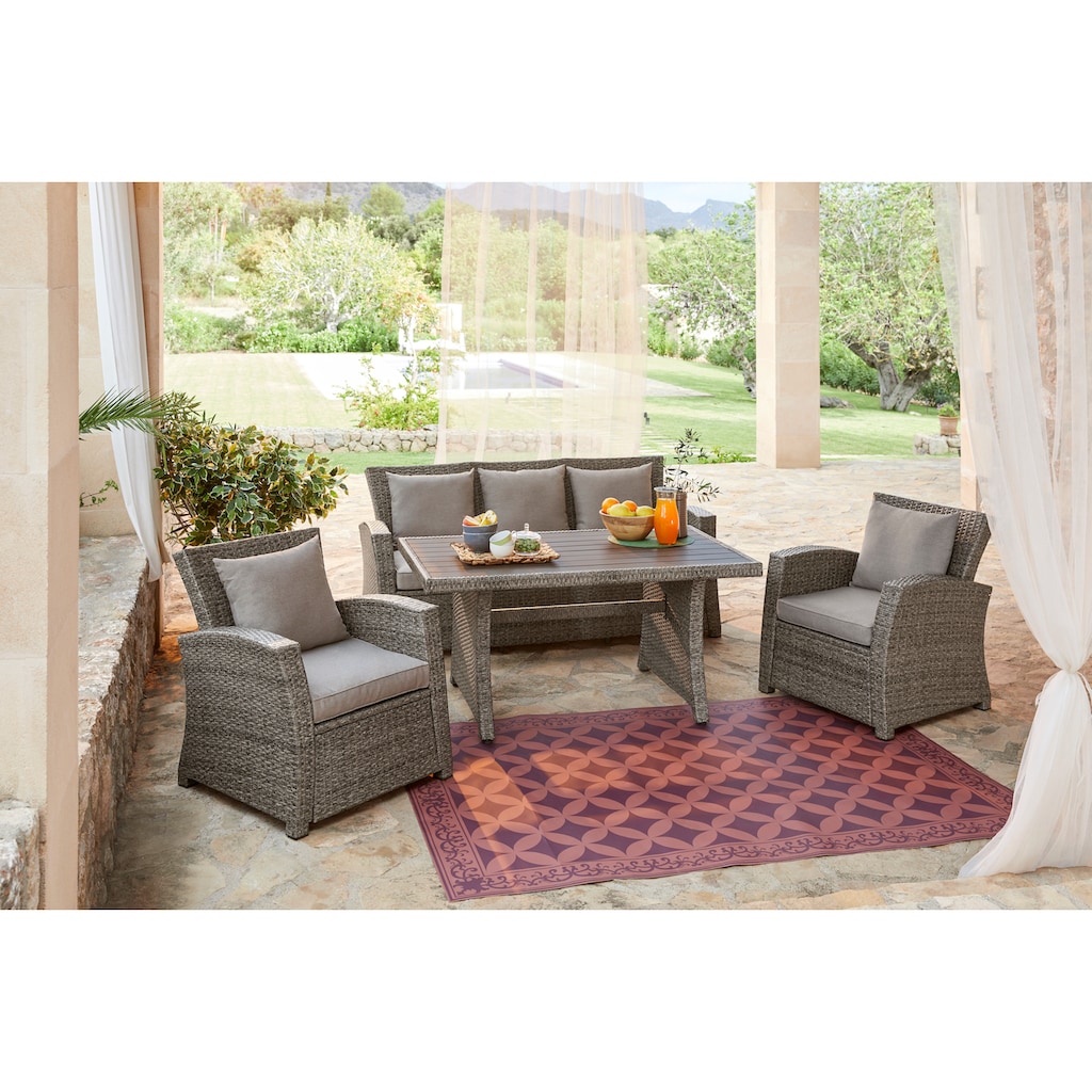 KONIFERA Gartenlounge-Set »Siros«, (Set, 12 tlg., 1x 3er Sofa, 2x Sessel, 1x Tisch 135x82x65cm, inkl. Auflagen)