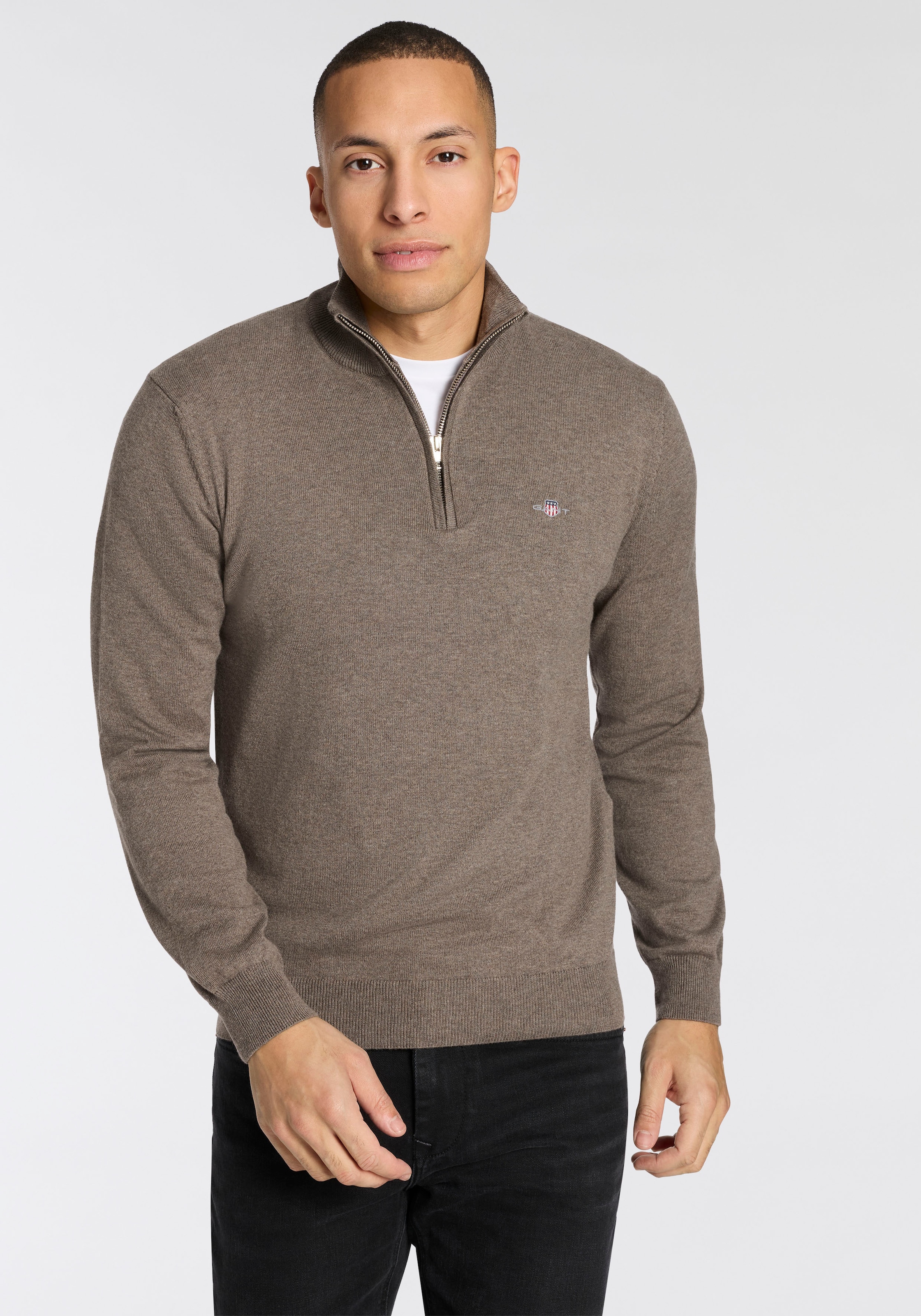 Gant Stehkragenpullover »COTTON/WOLL HALF ZIP« mit Rippstrick-Details, normale Passform