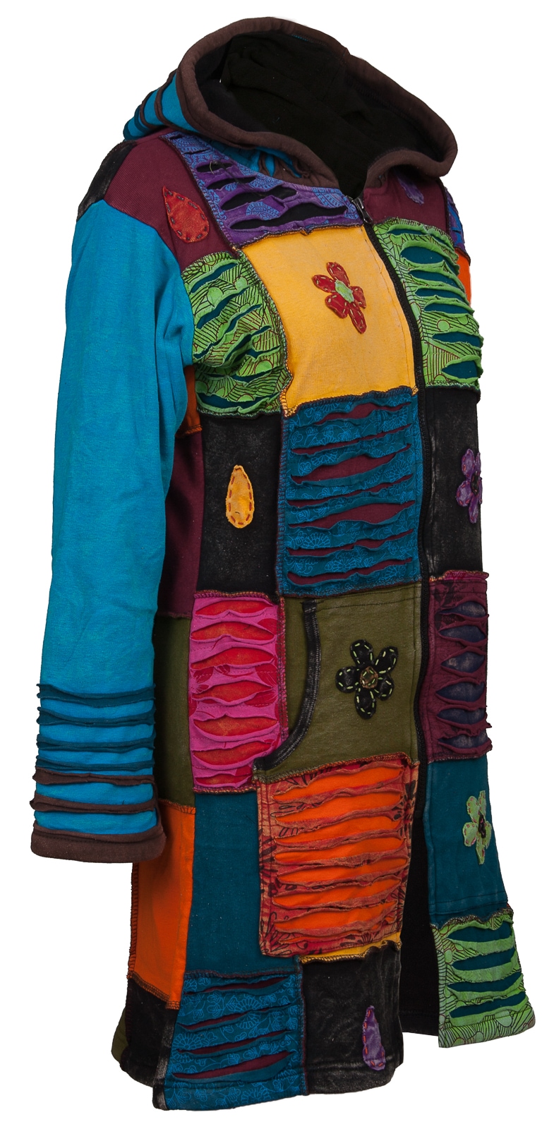 DEPROC Active Strickmantel »Patchwork Mantel FLOWER POWER BLACK mit Kapuze«