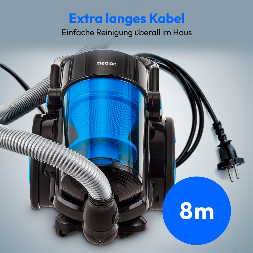 Medion® Bodenstaubsauger »P4000 (MD 11906), 8.000 Pa Saugleistung, 4,3L, Multizyklon-Technologie«, 900 W, beutellos, 11 Meter Kabellänge, HEPA 13 Filter, 75 dB, integriertes Zubehör