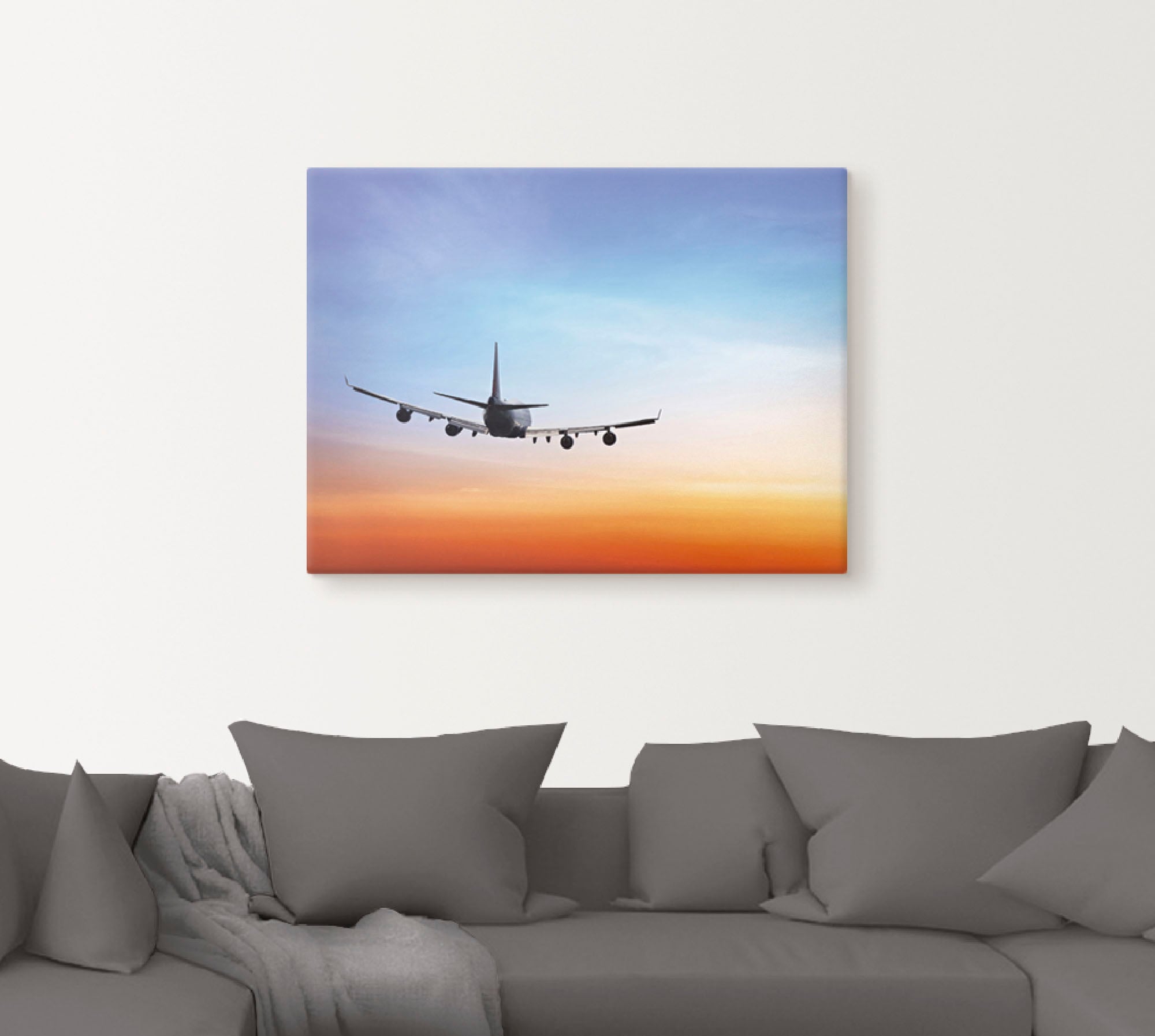 Artland Wandbild »Flugzeug vor orange/blauem Abendhimmel«, Flugzeuge & Helikopter, (1 St.), als Leinwandbild, Wandaufkleber in verschied. Größen