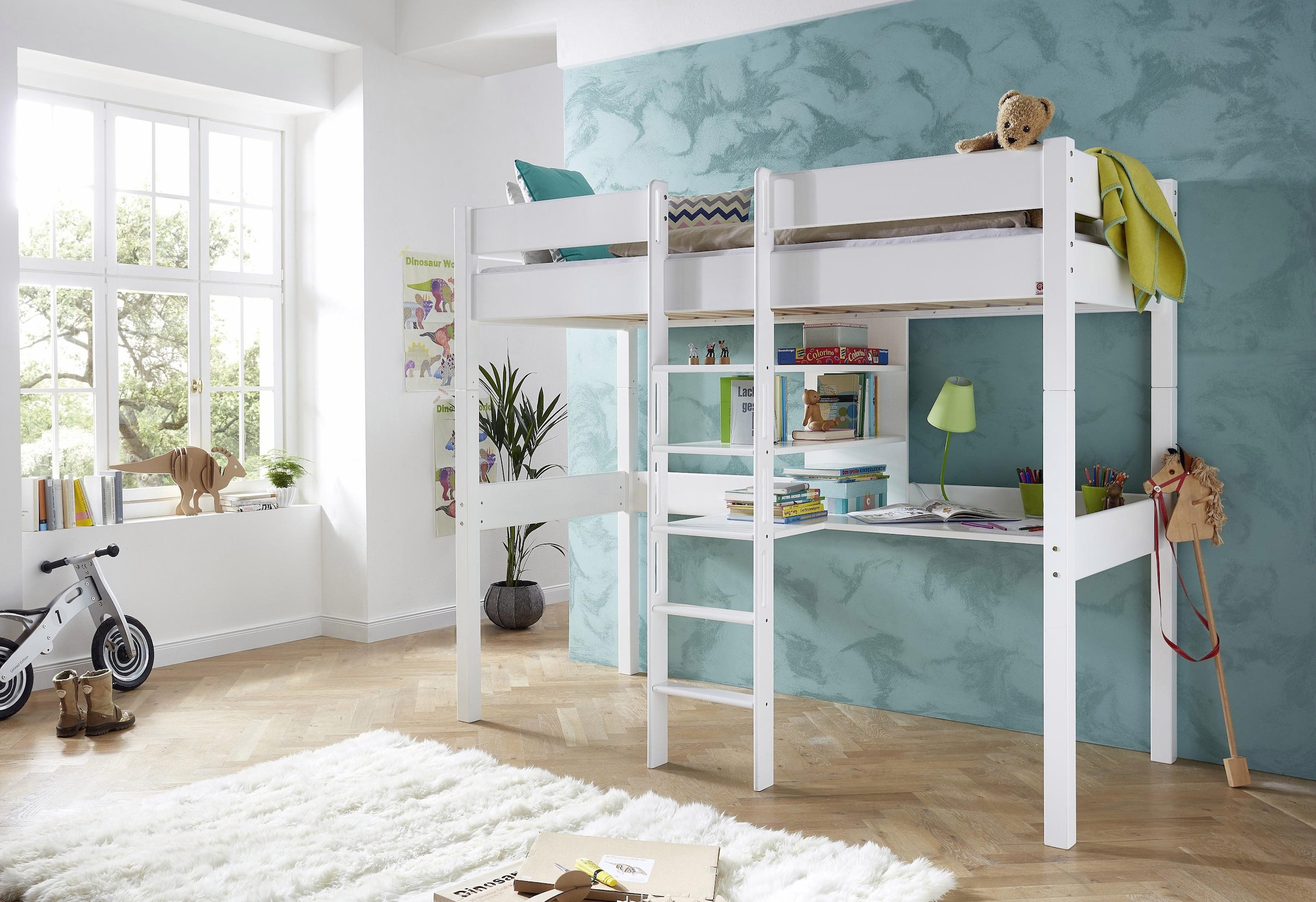 Relita Hochbett »Relita«, Inkl. Rolllattenrost, Schreibtisch, Regal, umbaufähig zum Einzelbett