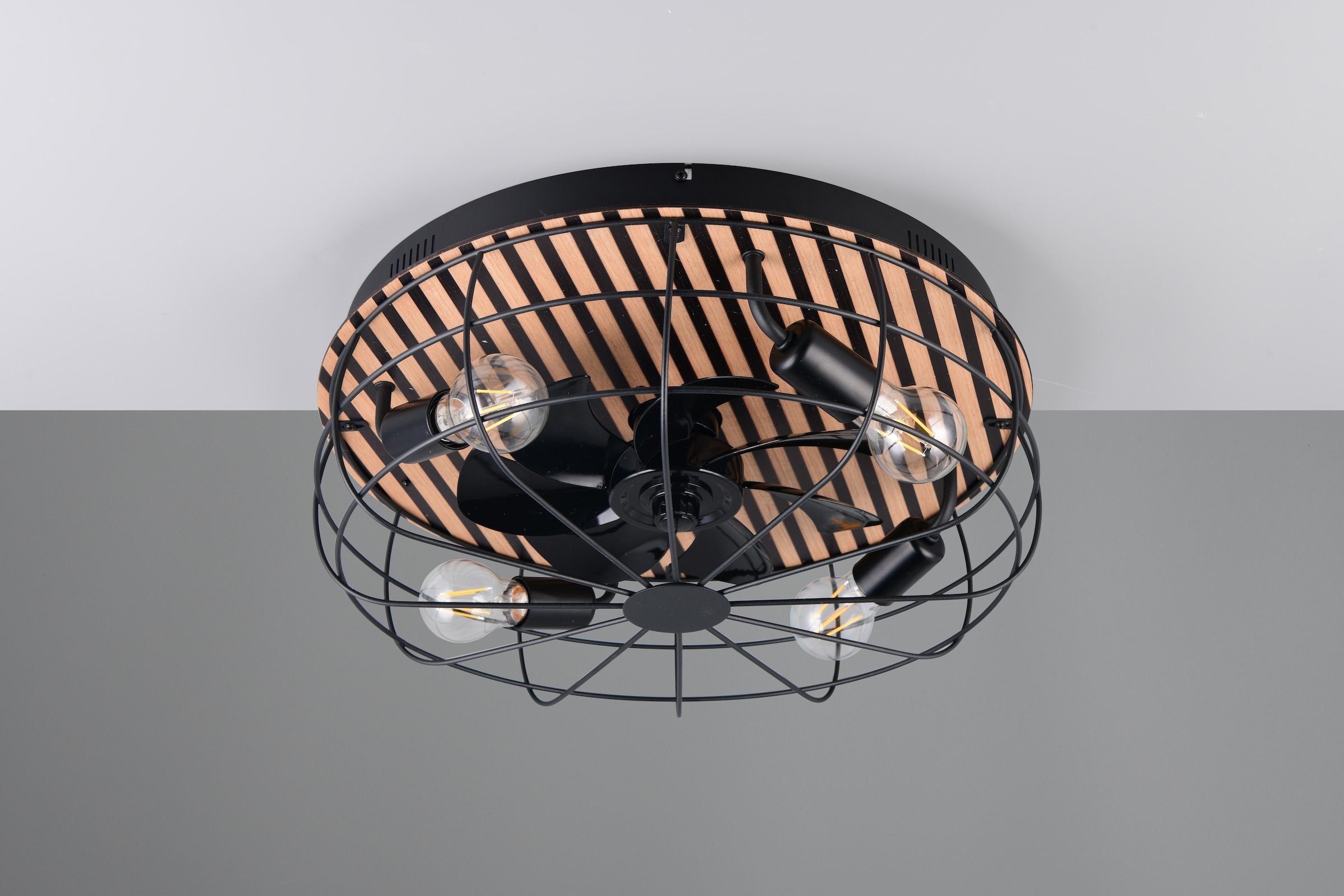 OTTO home Deckenleuchte »Norran mit Ventilator, Deckenventilator mit Licht exkl 4x E27 max 10W« E27 1 Stk. warmweiß - kaltweiß Holzstreifen Optik Akustikpaneel, Fernbedienung, 3 Stufen + Timer