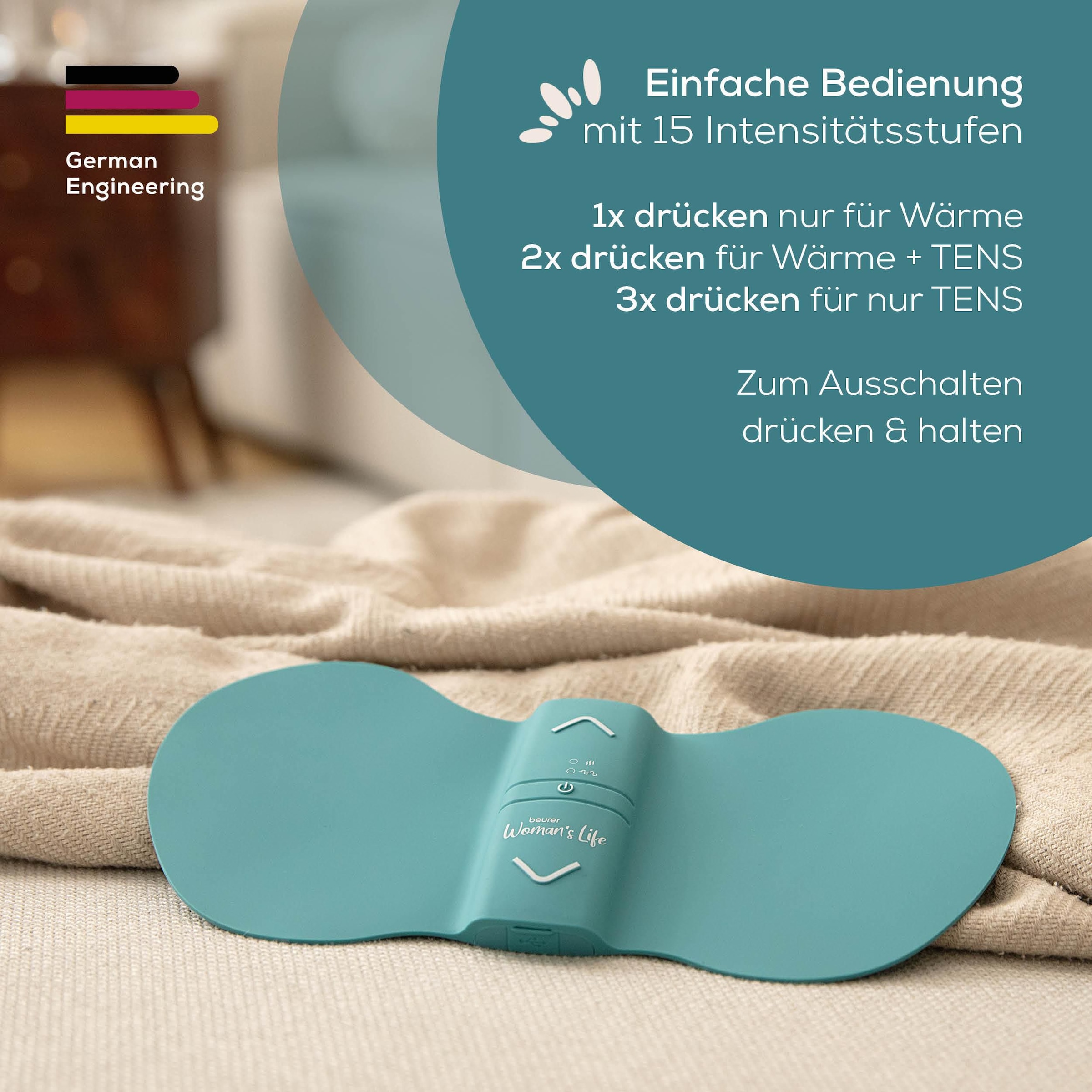 BEURER Menstruations-Pad »EM 55 Menstrual Relax+ mit Wärme und TENS-Funktion«, (Inkl. 4 selbsthaftenden Gel-Pads), Schmerzlinderung bei Menstruationsschmerzen und Endometriose