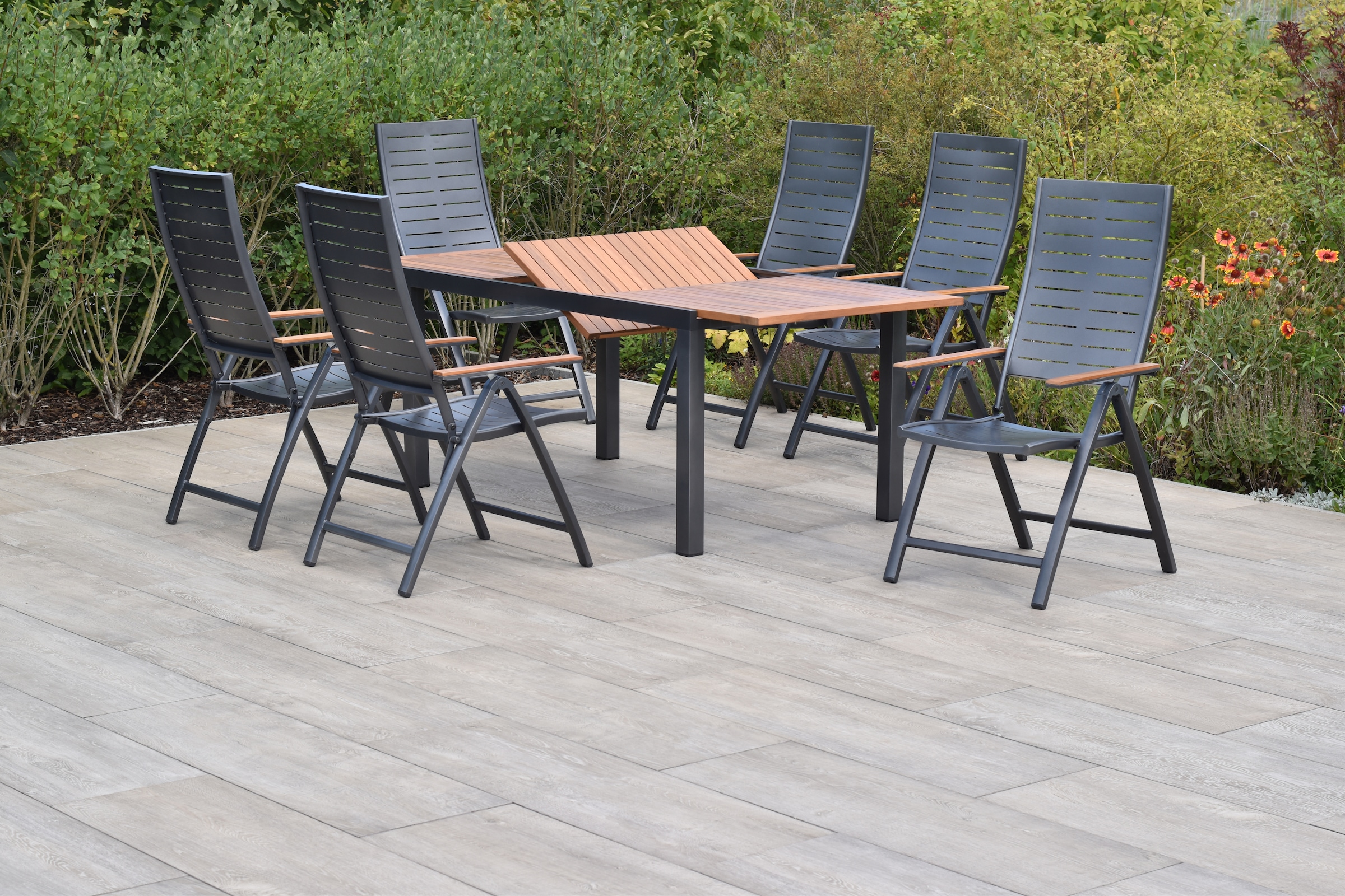MERXX Garten-Essgruppe »»Tinos««, (Set, 7 tlg., Pulverbeschichtetes Aluminiumgestell), Ausziehtisch: LxB: 150-200 x 90 cm