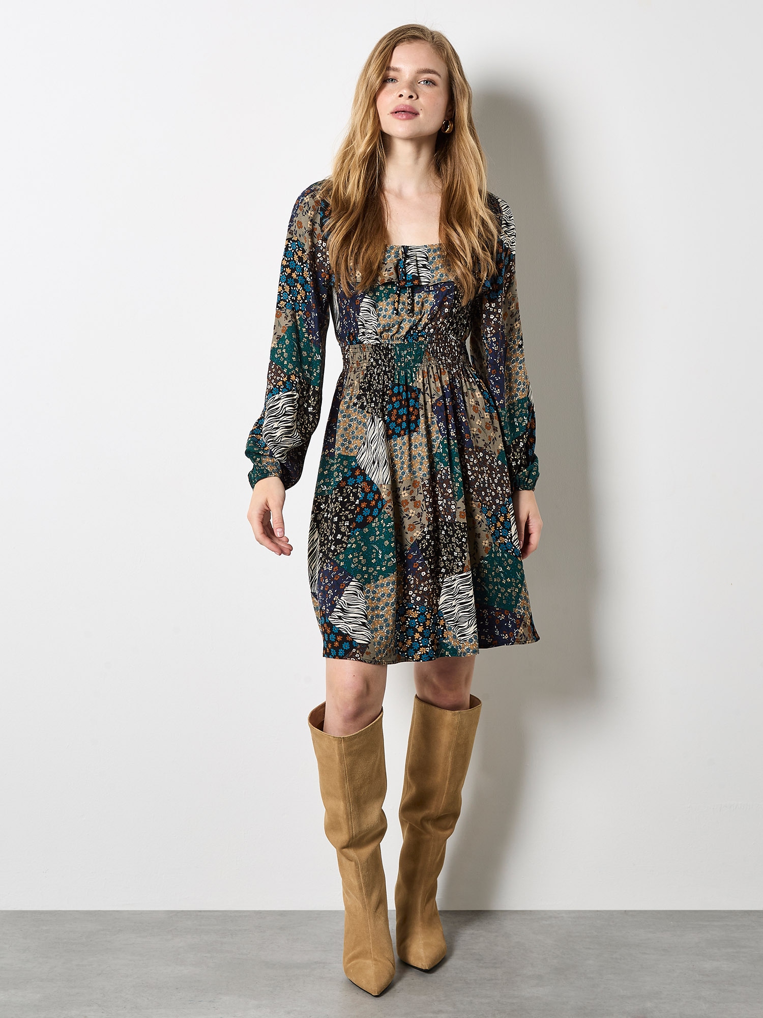 Apricot Minikleid »Patchwork Kleid« mit Blumen- und Zebramuster