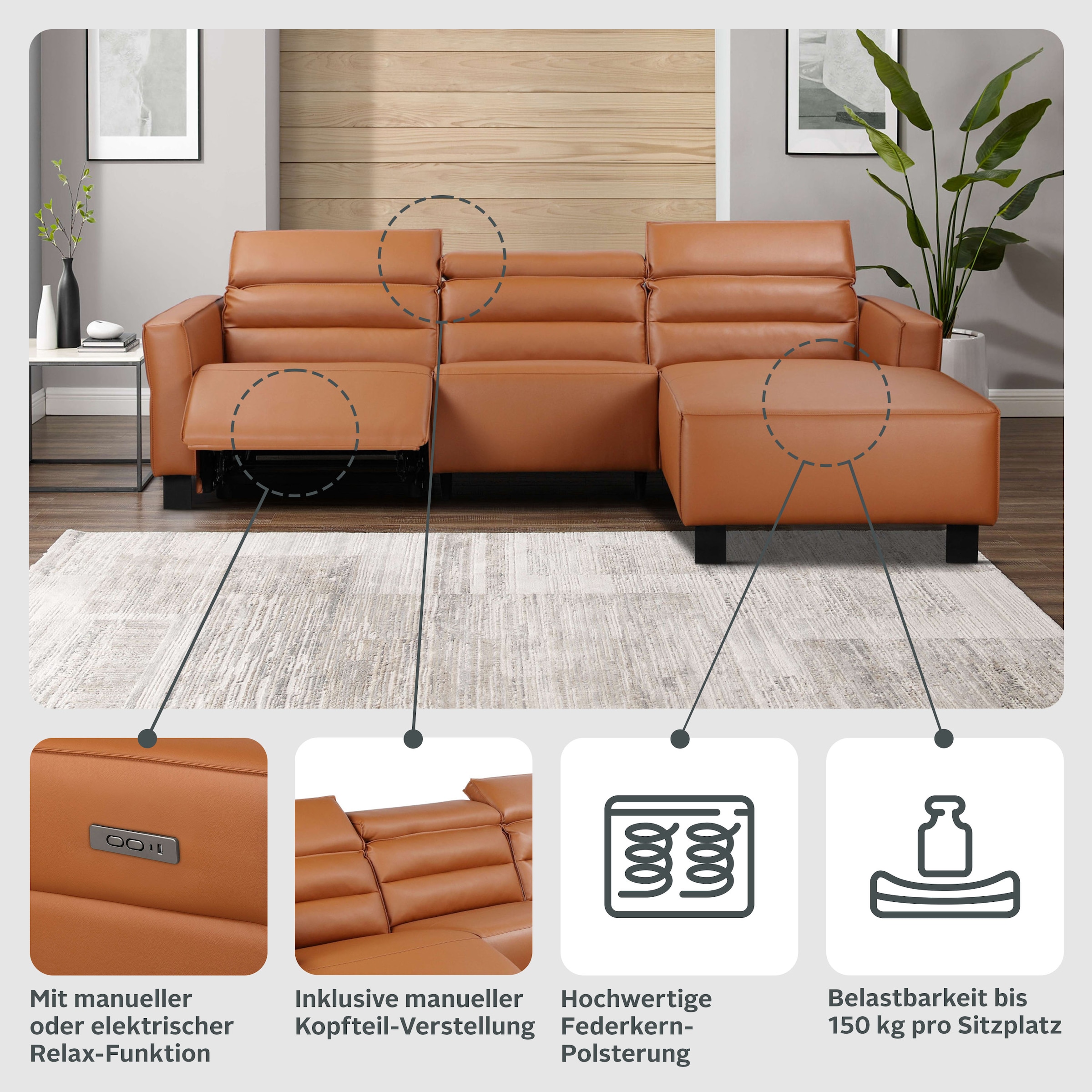 Places of Style Ecksofa »Carpari, L-Form, 263 cm, mit manueller o. elektrischer Relaxfunktion«, und USB/ Kopfteilverstellg