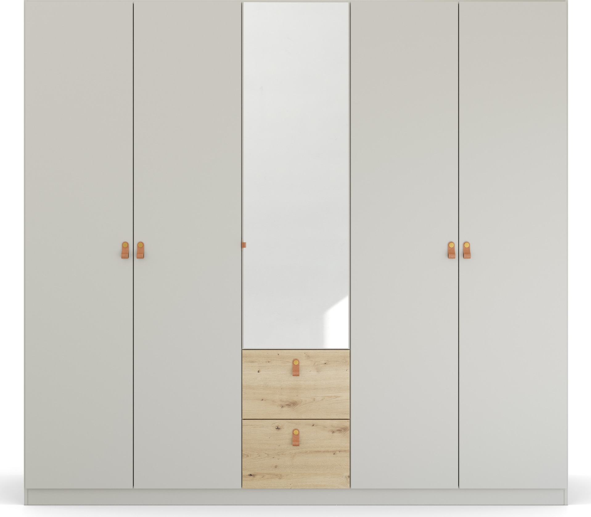 rauch Drehtürenschrank »Homey by Quadra Spin«, mit cognacbraunen Ledergrifflaschen, Schubladen in Eichen-Dekor