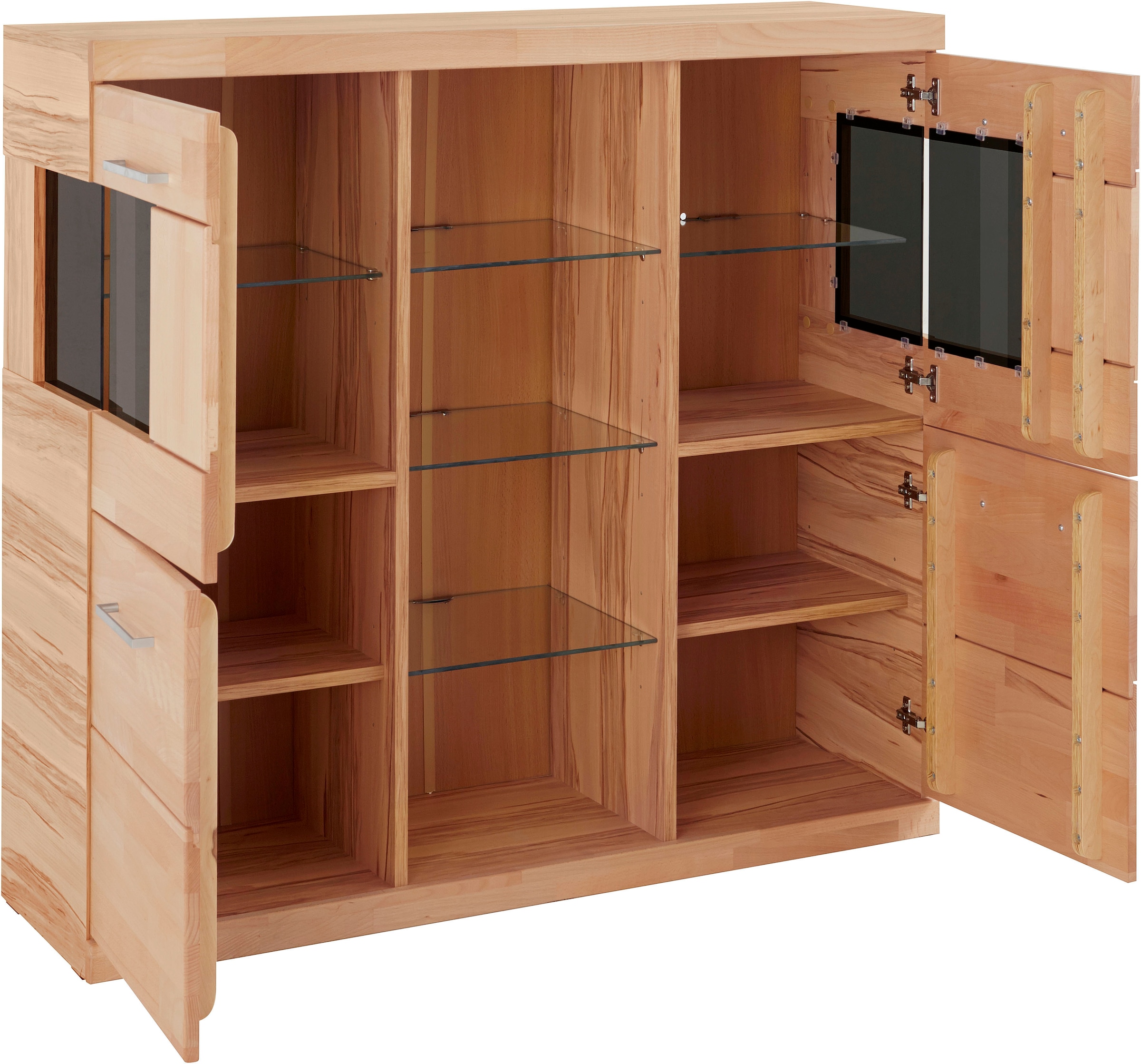 Home affaire Highboard »Ribe,120cm breit,112cm hoch,Oberplatte massiv,12 Fächer«, Holz massiv, Holzwerkstoff, Metall Griffe,2Türen mit Glaseinsatz