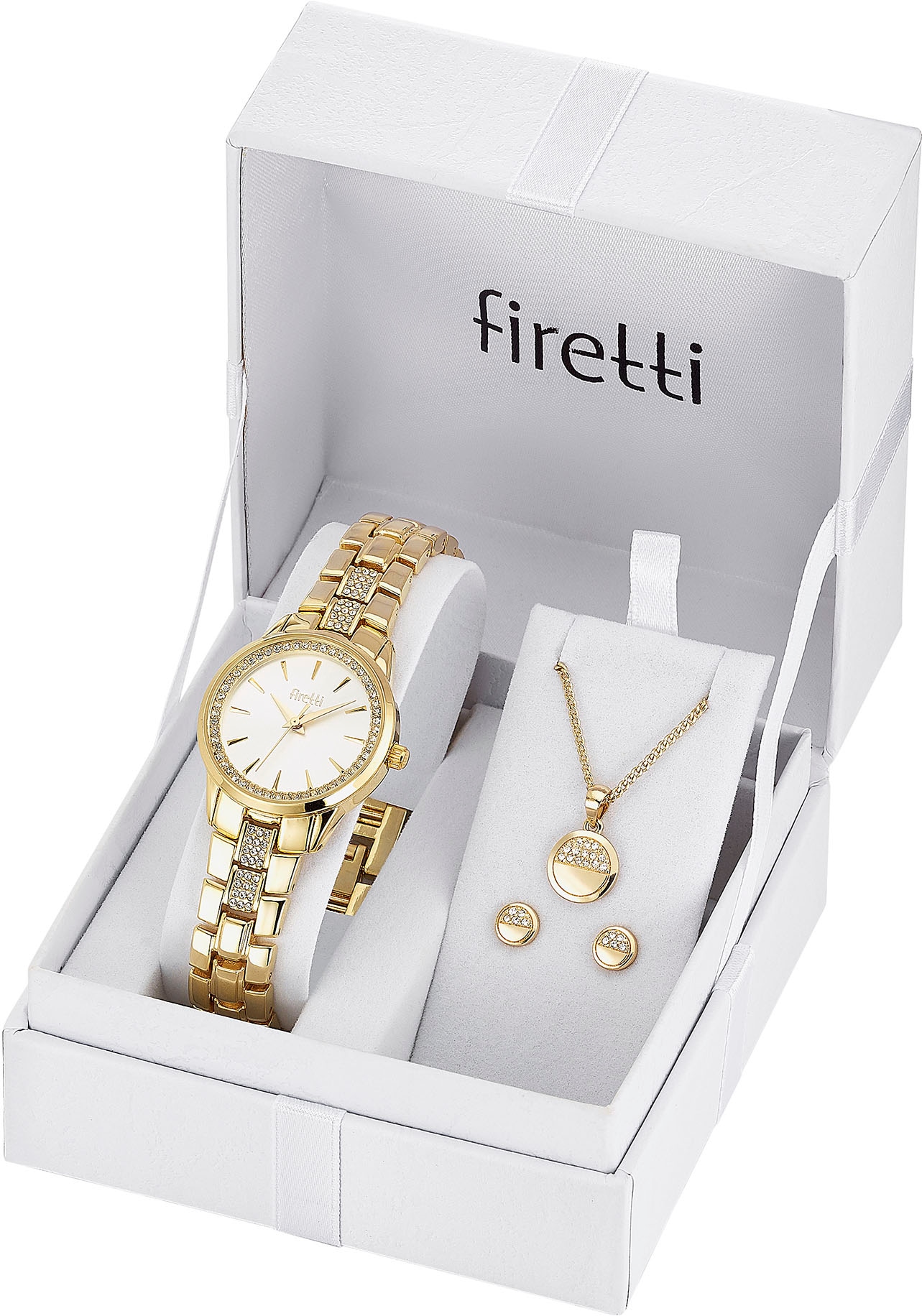 Firetti Quarzuhr, (Set, 5 tlg., mit Anhänger, Kette und 1 Paar Ohrsteckern), Armbanduhr, Damenuhr, Glassteine, ideal auch als Geschenk