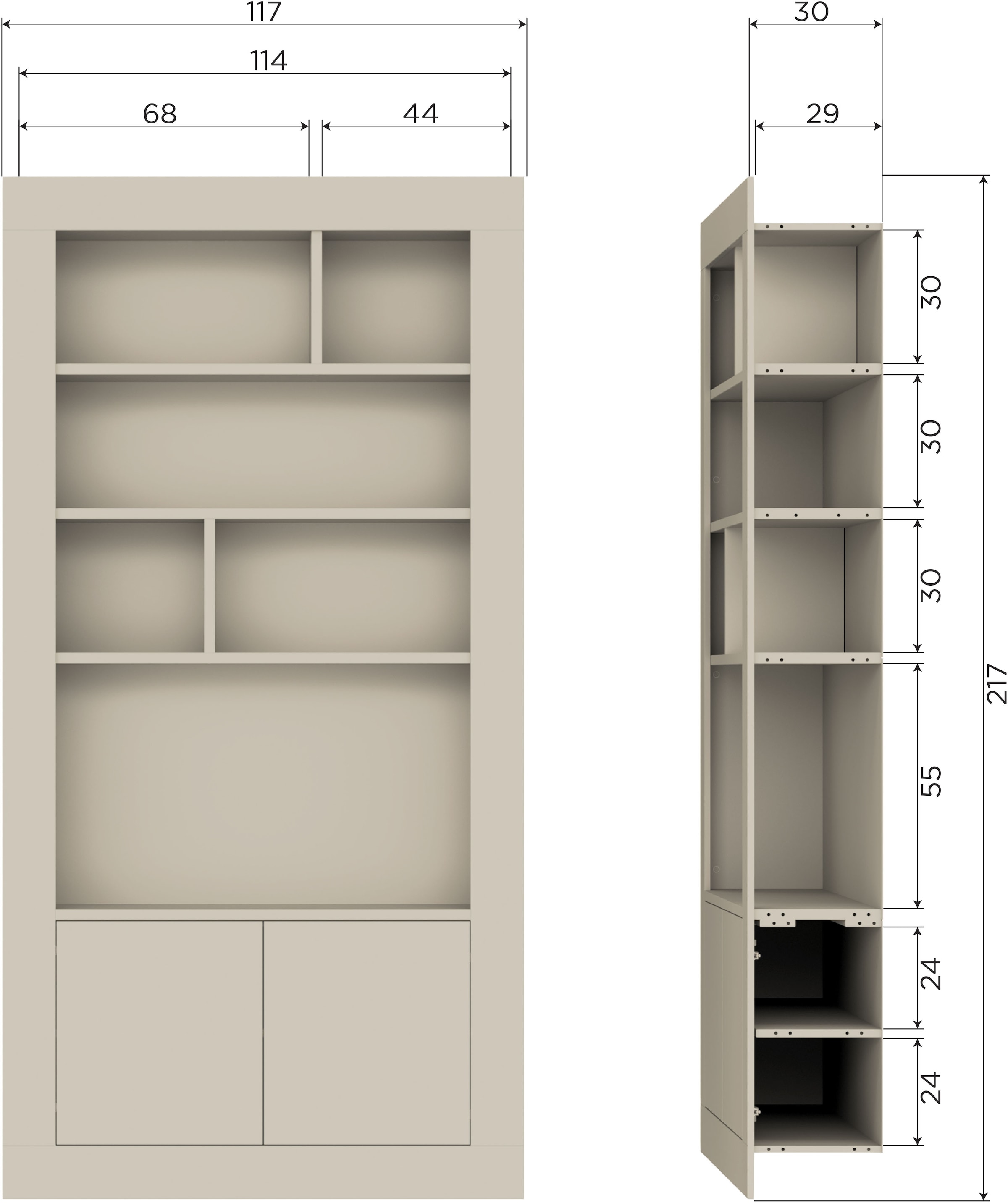 WOOOD Wandregal »Wallcover FSC®-Mix Massivkiefer mit Push-to-open B117 x T31 x H229 cm« Gespiegelt montierbar, Tragkraft 30 kg pro Einlegeboden,