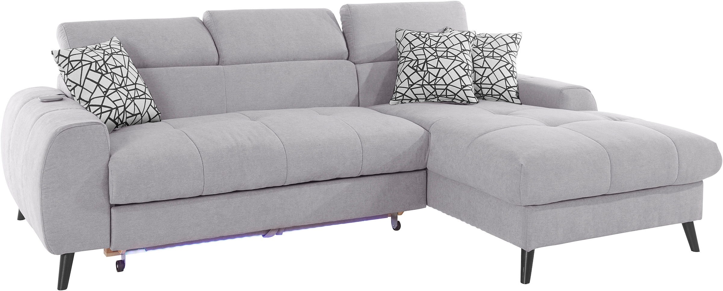 COTTA Ecksofa »Mia L-Form mit 3 Zierkissen«, wahlweise mit Bettfunktion, Bettkasten, Beleuchtung & Wireless-Charger