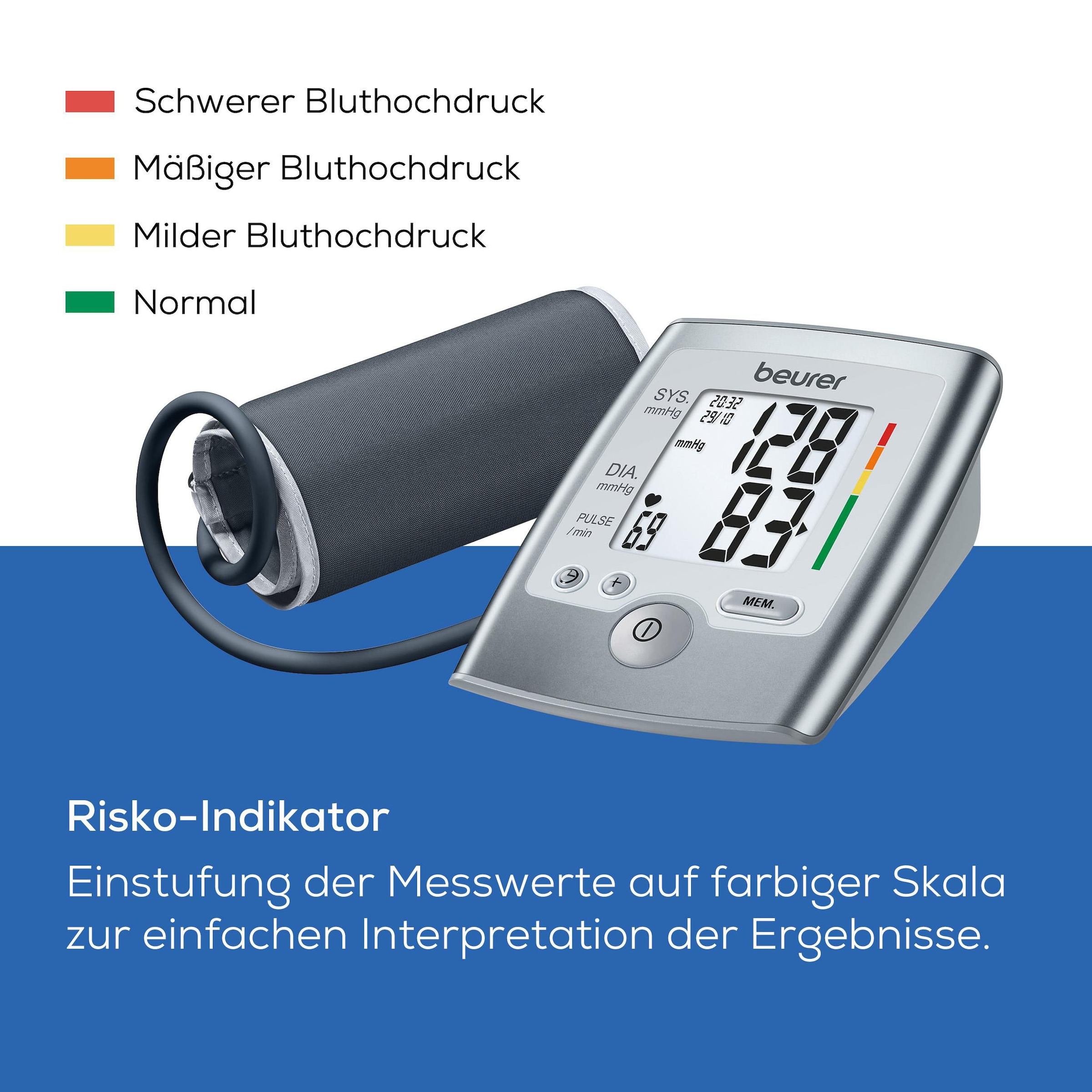 BEURER Oberarm-Blutdruckmessgerät »Beurer BM 35 Oberarm-Blutdruckmessgerät mit farbigem Risikoindikator«, Mit Arrhythmie-Erkennung, inkl. Aufbewahrungstasche und Blutdruckpass