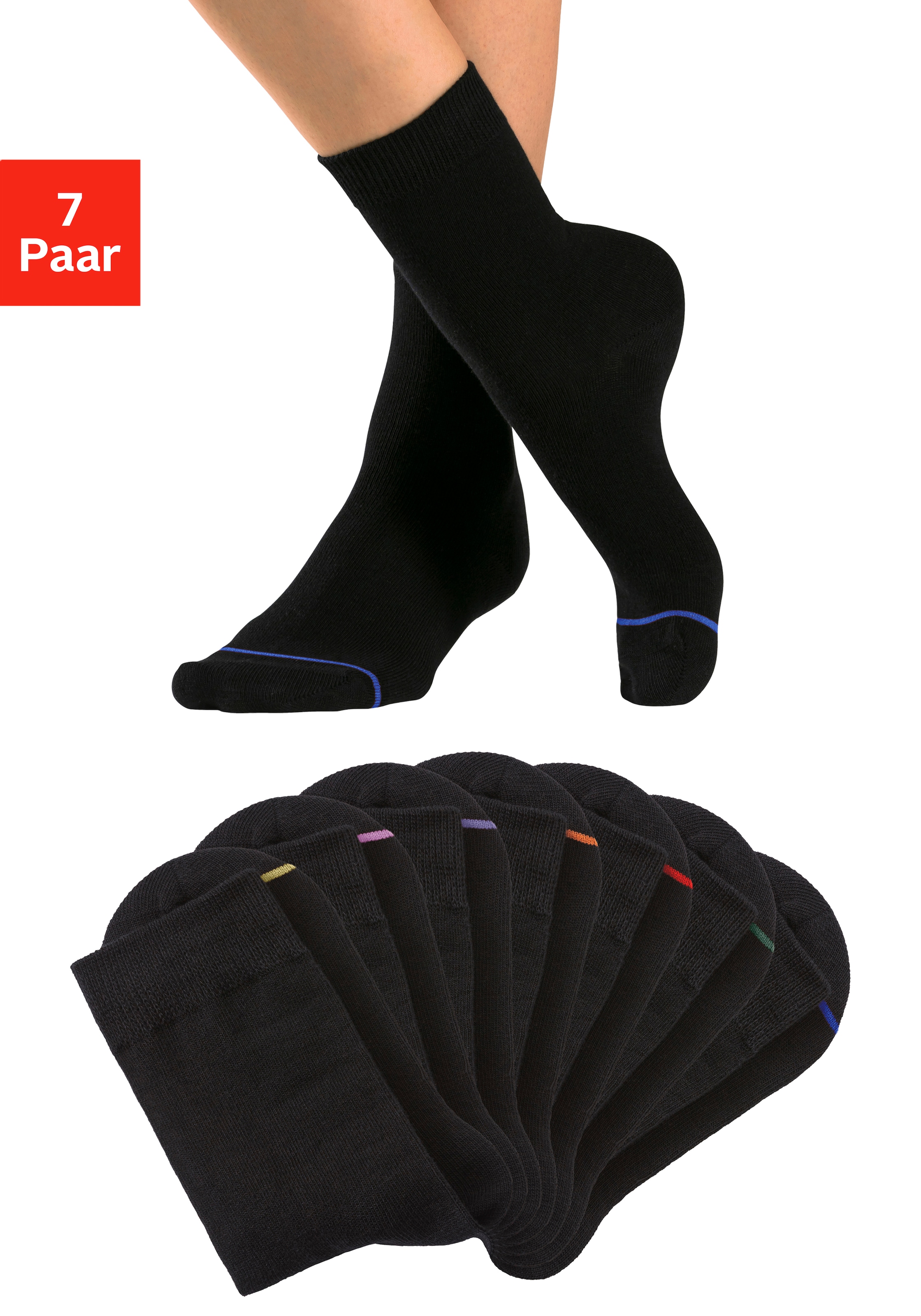 Basicsocken, (Packung, 7 Paar), mit eingestrickter farbiger Spitzennaht