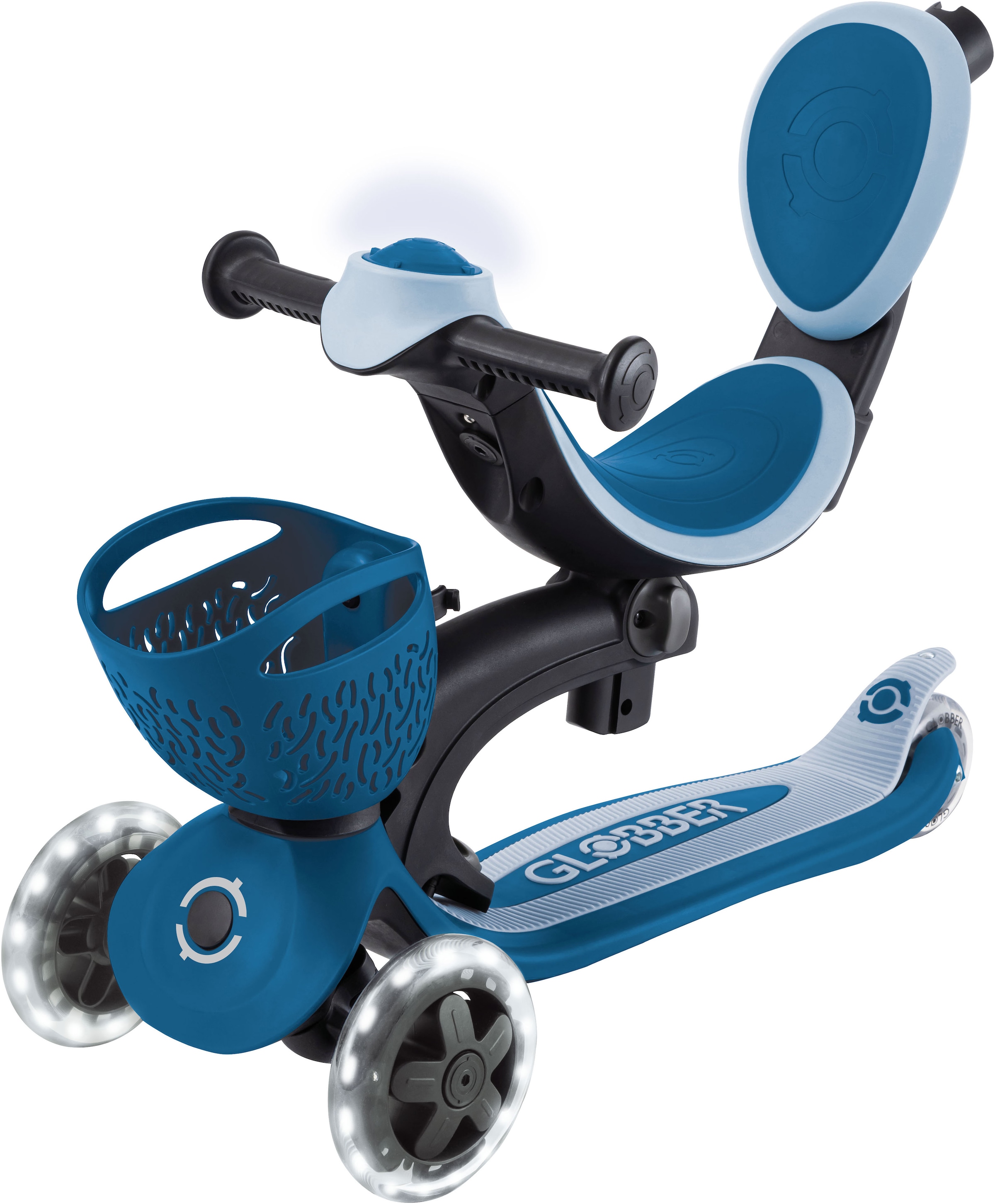 Globber Tretroller »GO-UP BABY 360 LIGHTS, mit Leuchtrollen und Leuchtmodul« Aufsitzrad, Laufrad und Scooter in Einem