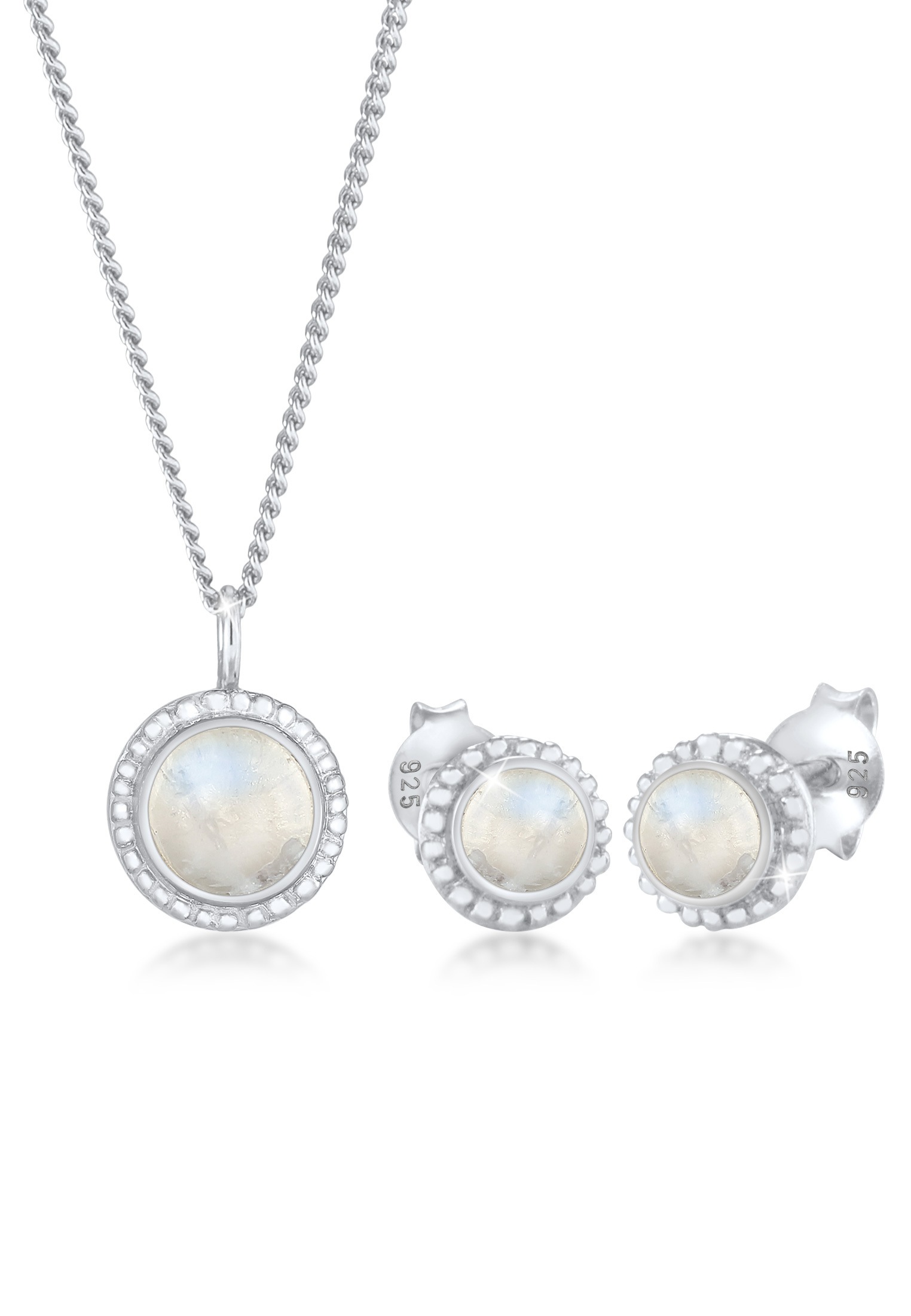 Elli Premium Ohrring und Ketten Set »Schmuckset Mondstein Rund Blüte Boho 925 Sterling Silber«