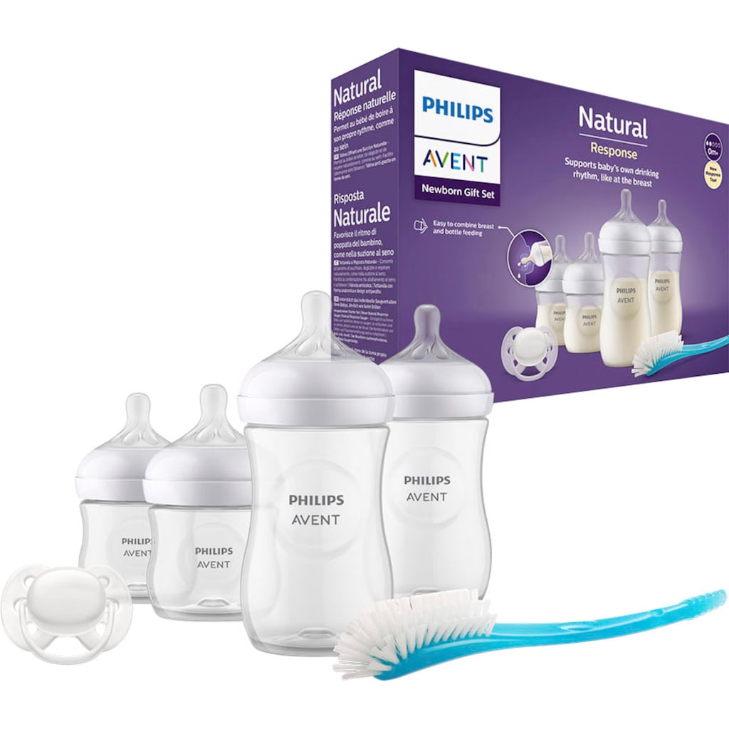 Philips AVENT Babyflasche »Natural Response Starter-Set für Neugeborene SCD838/11«, 4 Flaschen, ultra soft Schnuller und Flaschenbürste